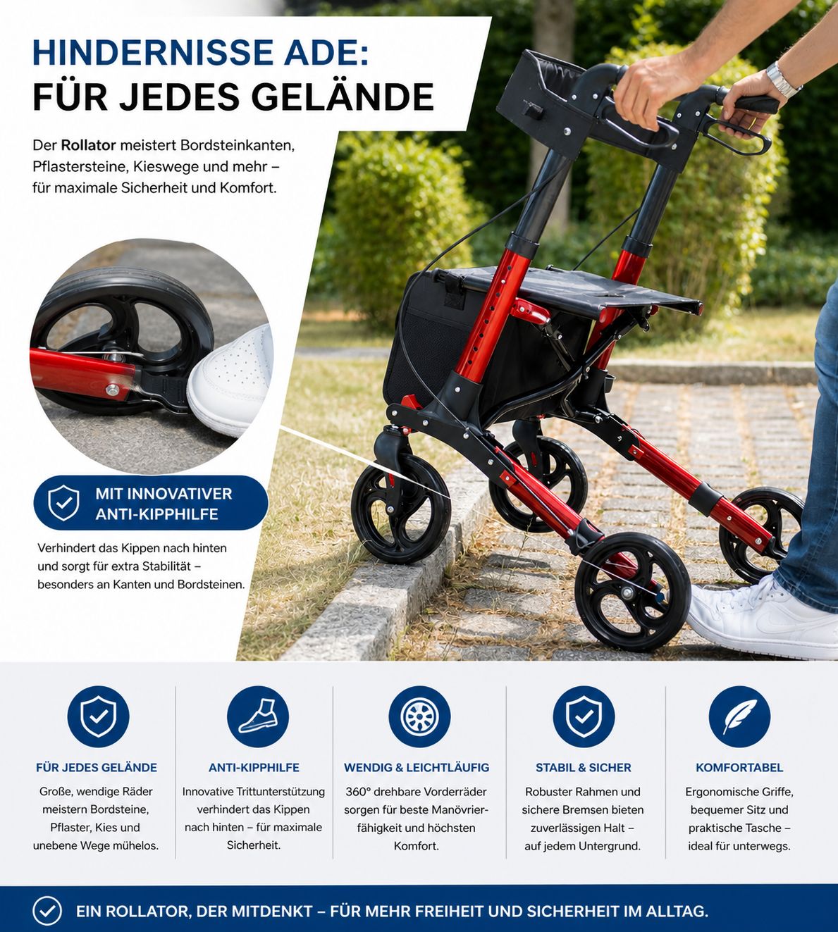 Rollator mit rotem Rahmen, schwarzem Sitz und Tasche. Anti-Kipphilfe. Für jedes Gelände geeignet. Wendig und leicht.