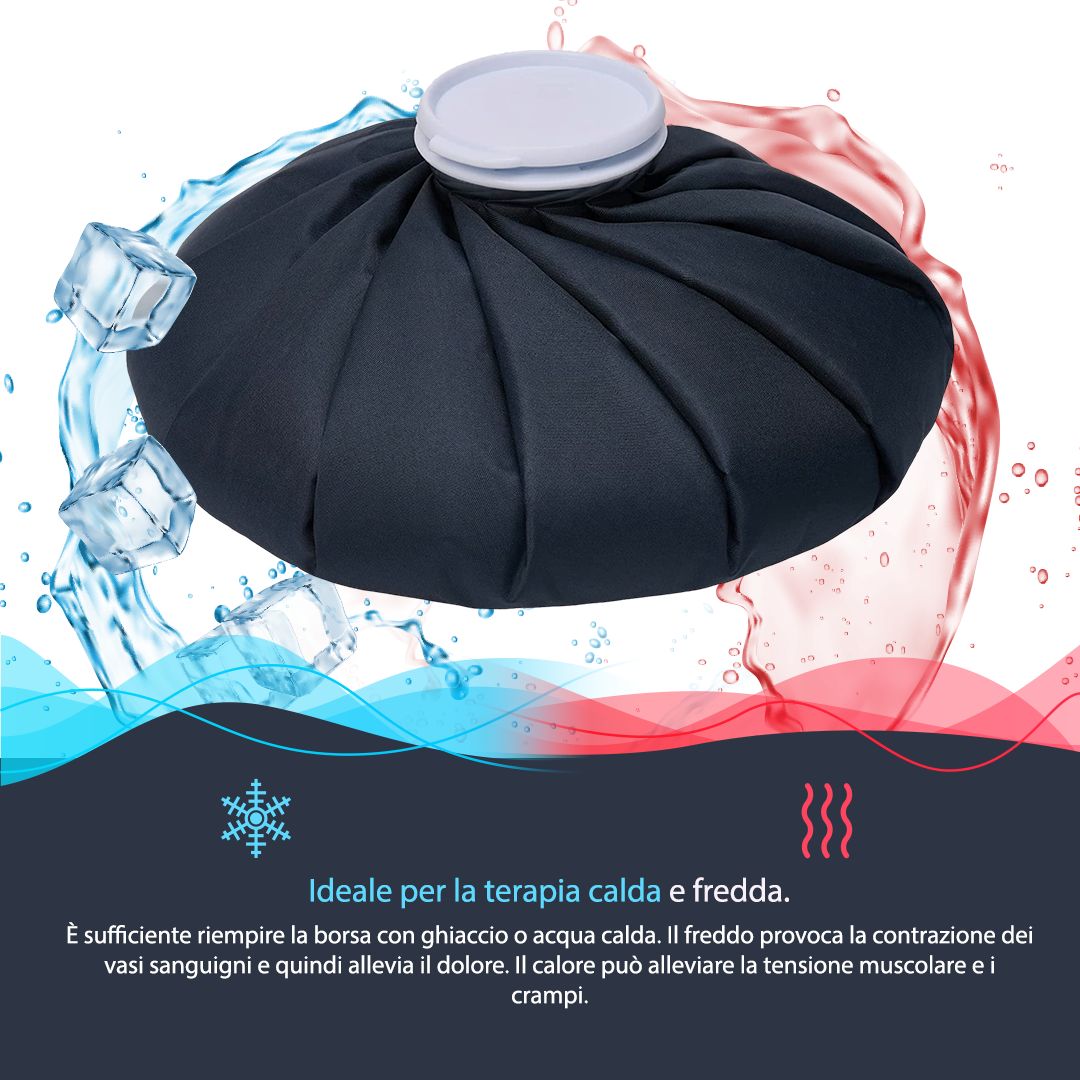 Borsa dell'acqua calda blu con cubetti di ghiaccio e vapore. Testo: Ideale per la terapia del calore e del freddo.