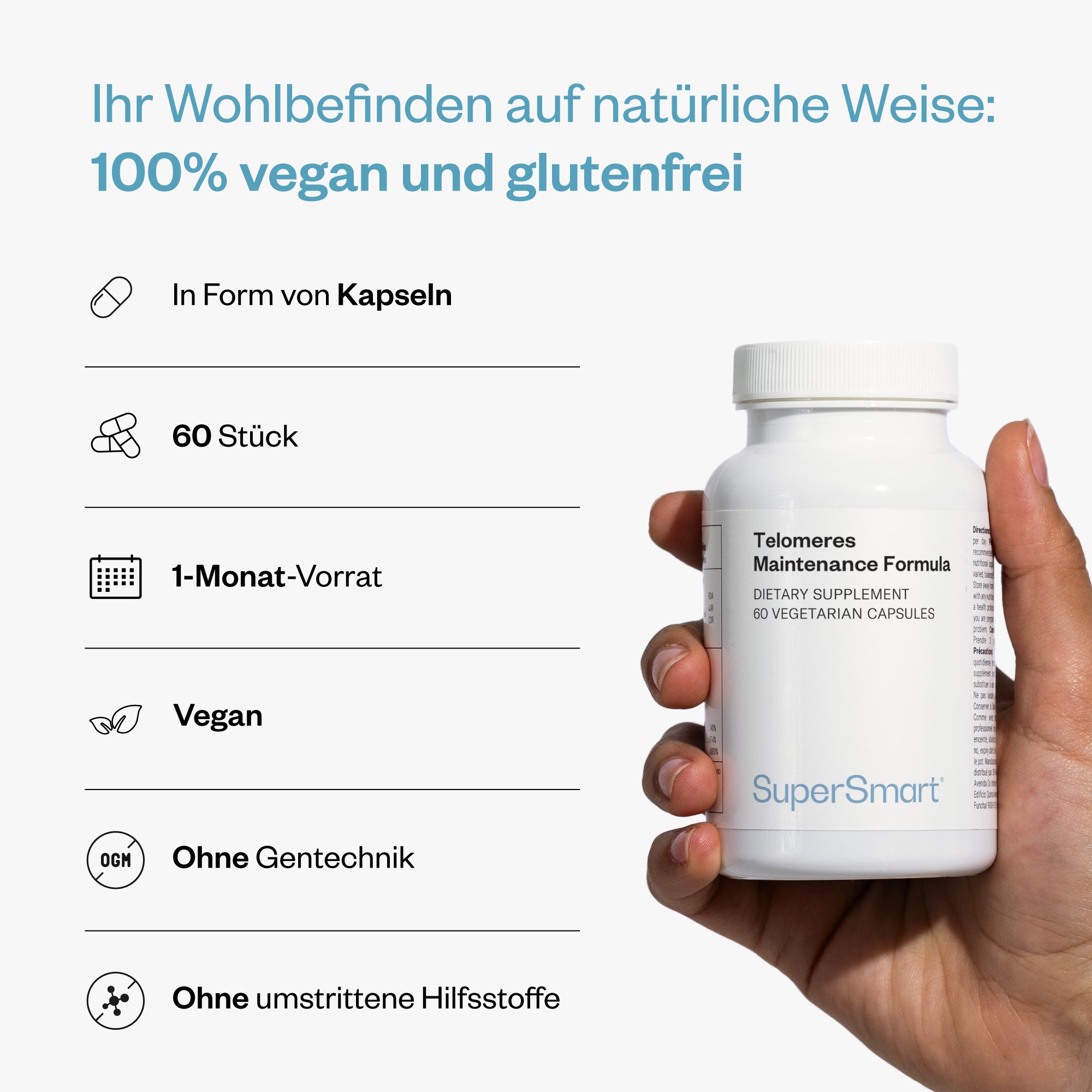 Hand hält weiße Flasche mit Produktname: Telomeres Maintenance Formula. Marke: SuperSmart. Text: 60 Kapseln, vegan, ohne Gentechnik.