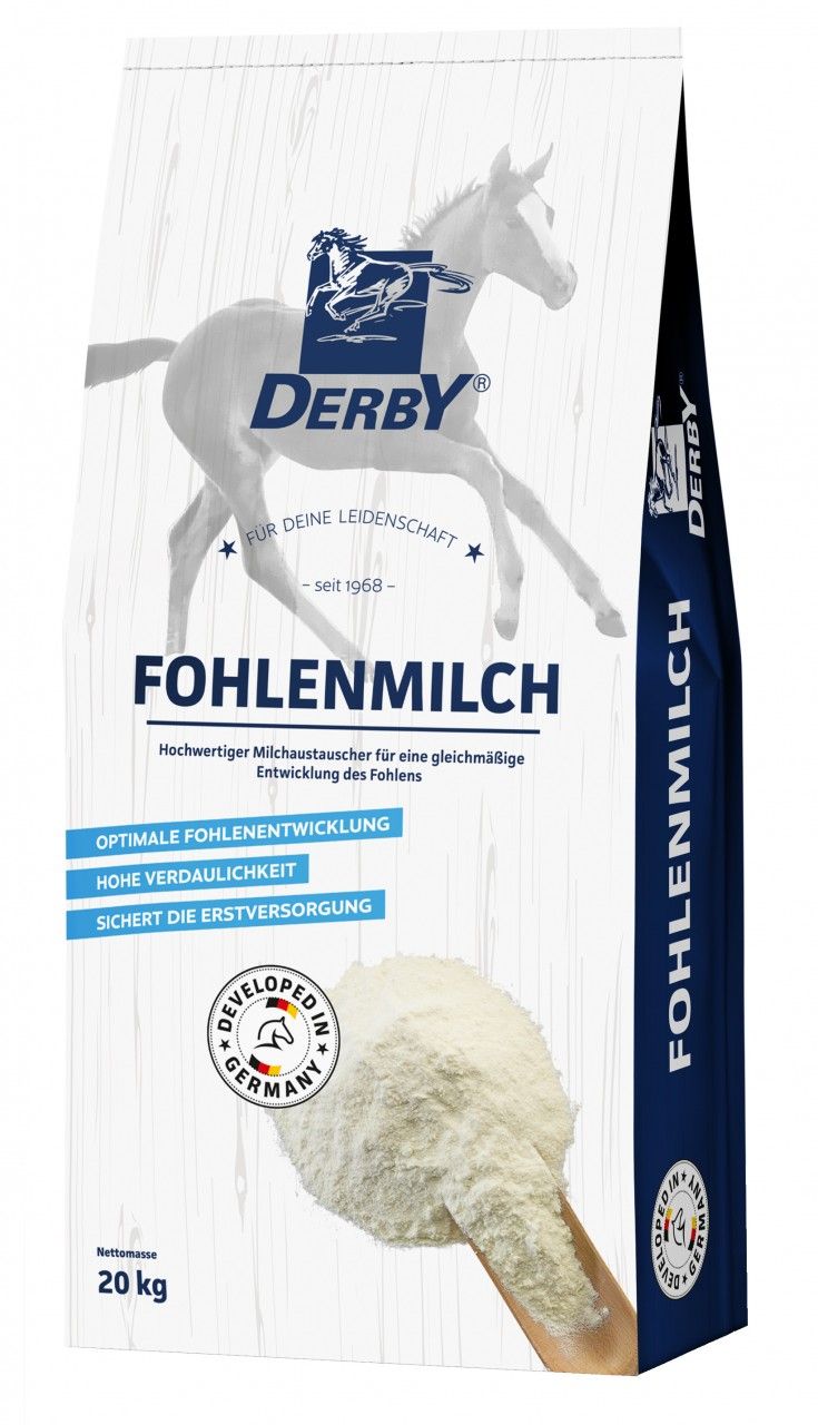 Weiße Tüte mit Produktnamen Fohlenmilch und Logo. Text: Optimale Fohlenentwicklung, hohe Verdaulichkeit, sichert die Erstversorgung. 20 kg.