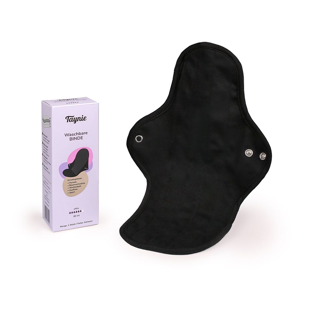 Schwarze, waschbare Binde mit Druckknöpfen. Daneben eine Verpackung mit Produktabbildung und Schriftzug "Taynie Waschbare Binde".