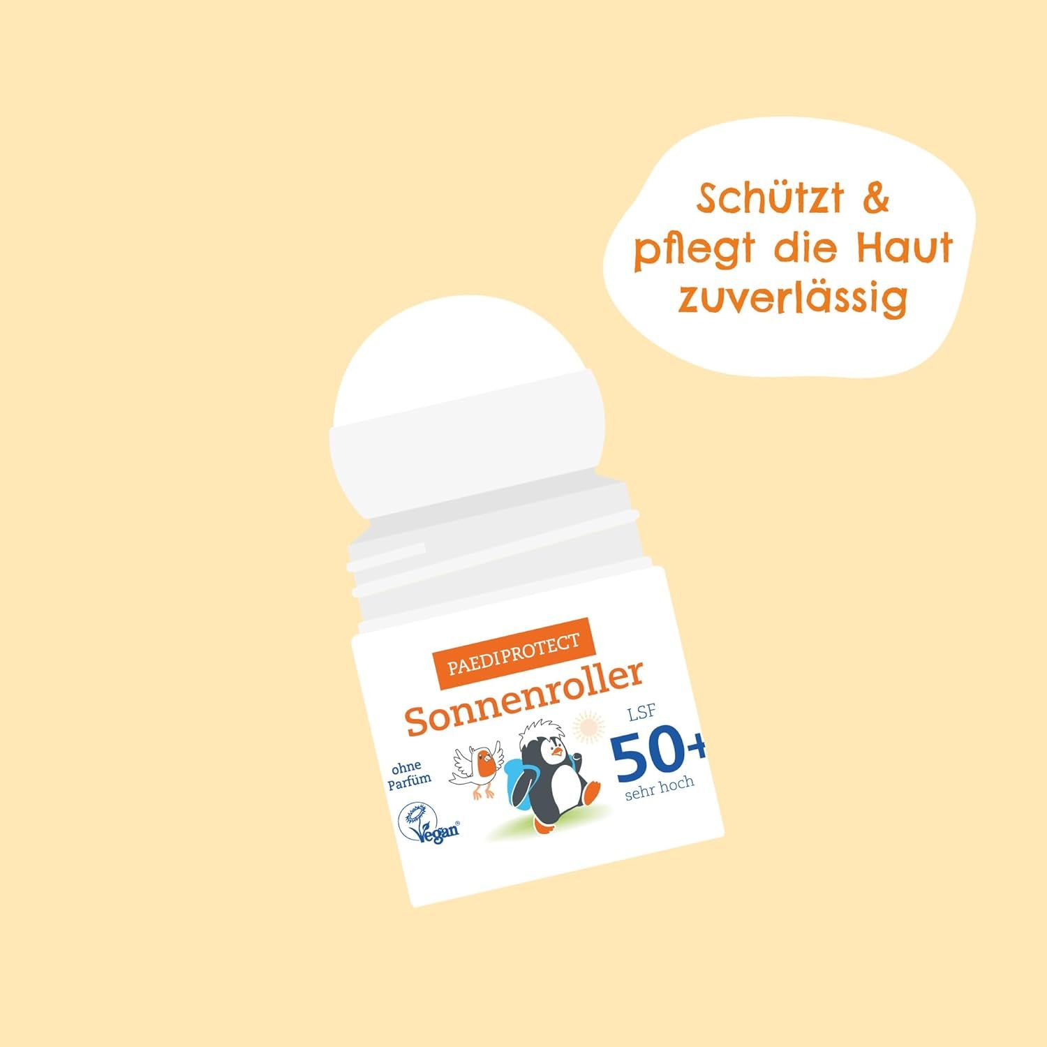 PAEDIPROTECT Sonnenroller LSF 50+. Text: Schützt & pflegt die Haut zuverlässig.