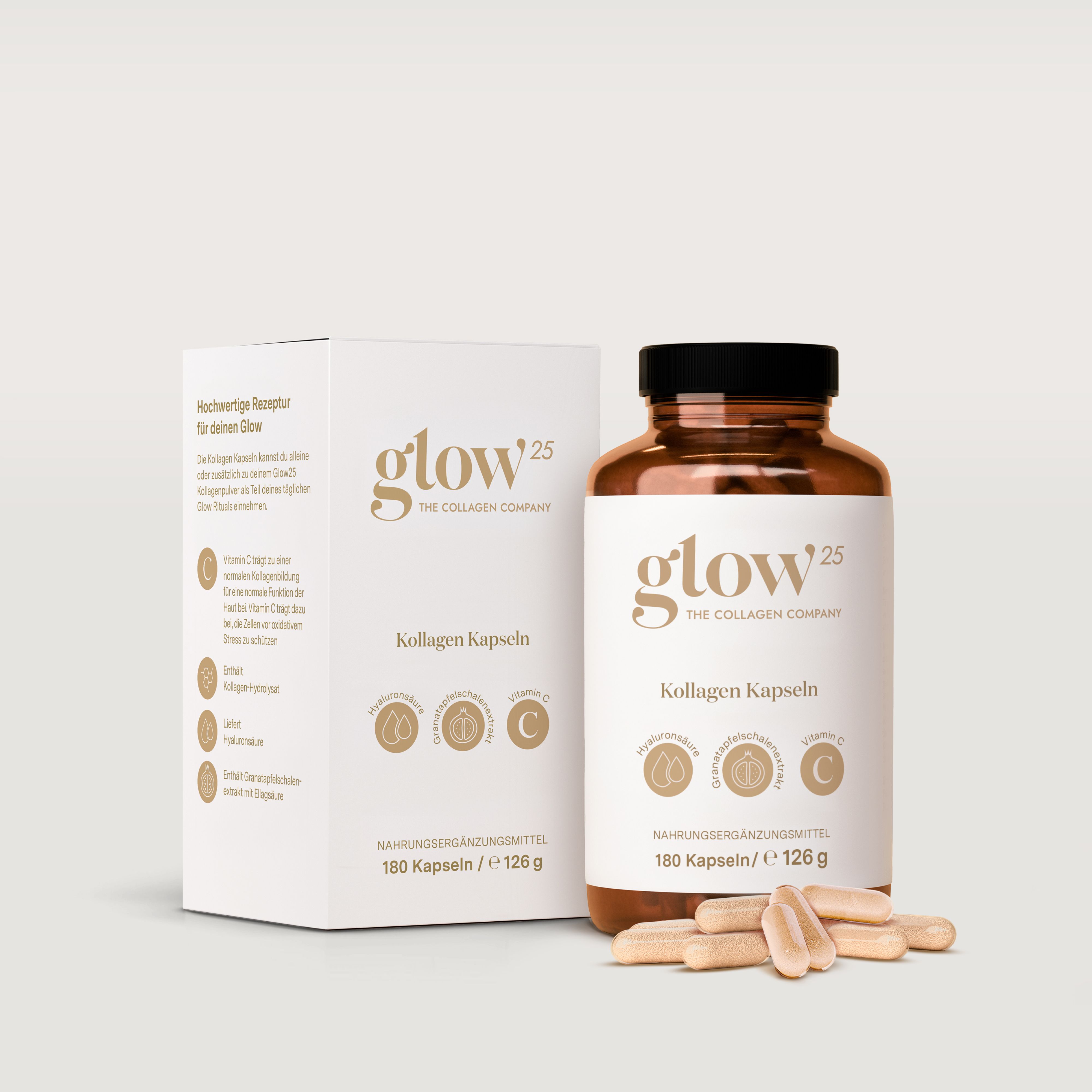 Weiße Schachtel und braune Flasche mit Kapseln. Aufschrift: Glow25 Kollagen Kapseln. Enthält Hyaluronsäure und Vitamin C. 180 Kapseln.