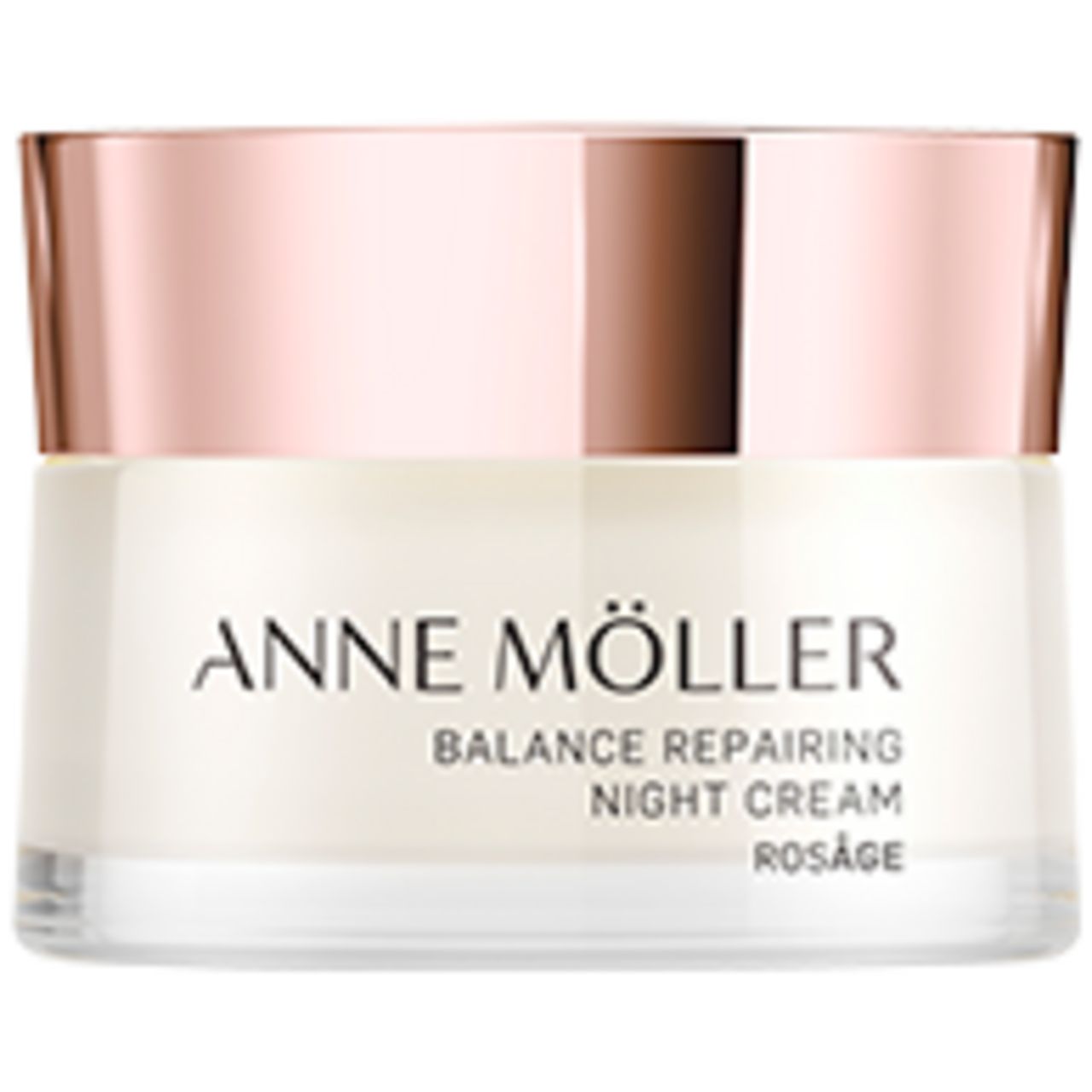 Creme-Glas mit roségoldfarbenem Deckel. Aufschrift: ANNE MÖLLER, Balance Repairing Night Cream, Rosâge.