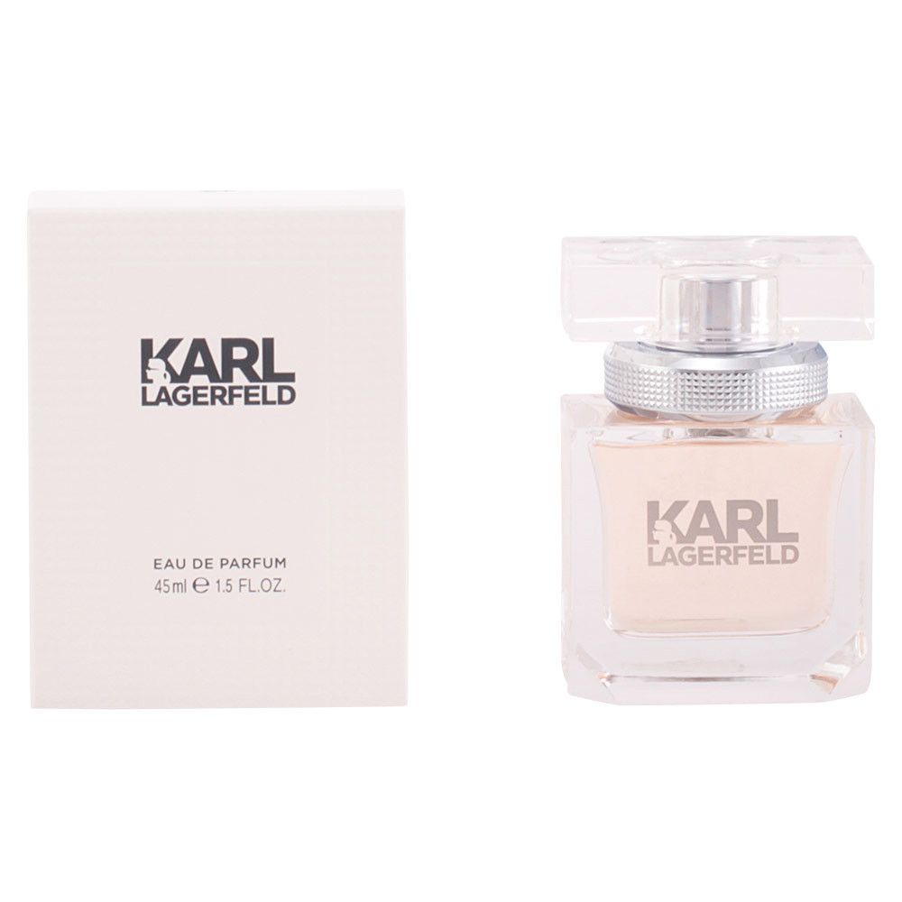 Flakon und Verpackung. Aufschrift: KARL LAGERFELD, Eau de Parfum, 45ml, 1.5 FL.OZ. Transparenter Verschluss.