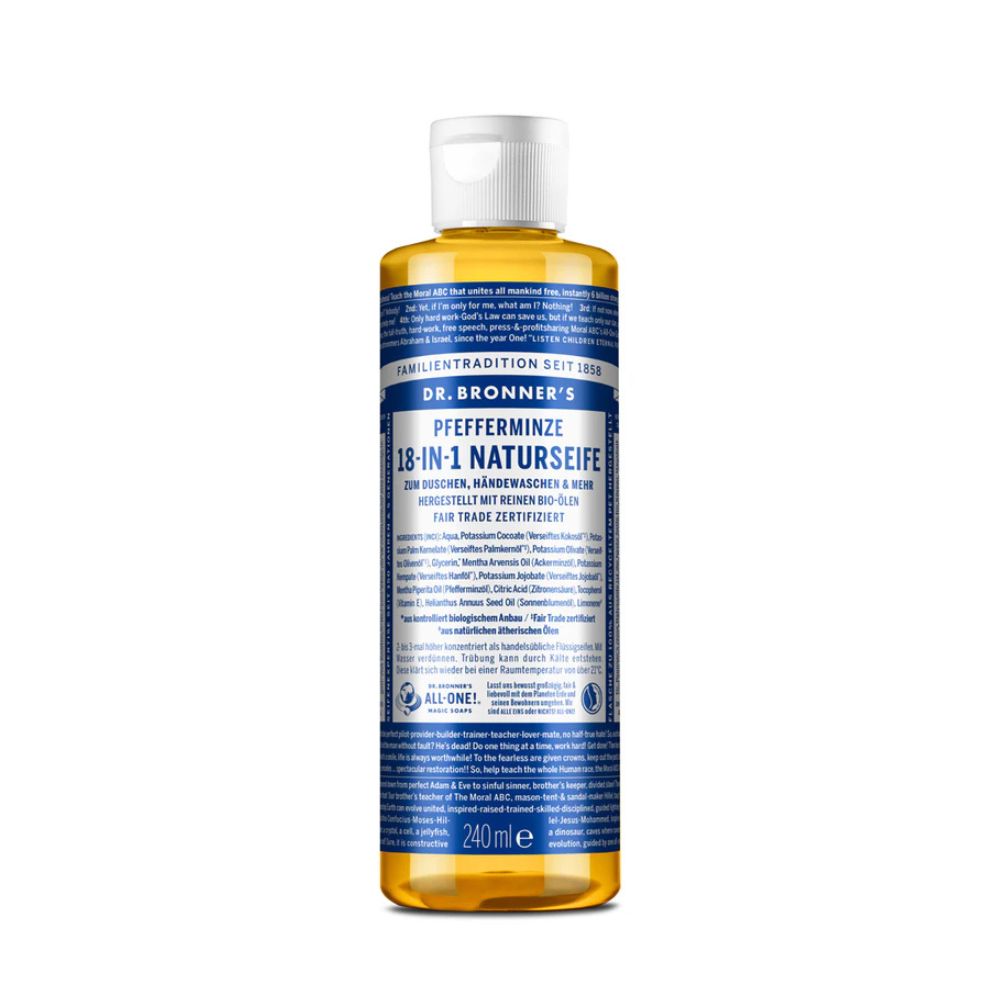 Dr. Bronner's 18-in-1 Naturseife Pfefferminze. Flasche mit weißem Deckel. Blaue und weiße Etiketten mit Produktinformationen und Text.
