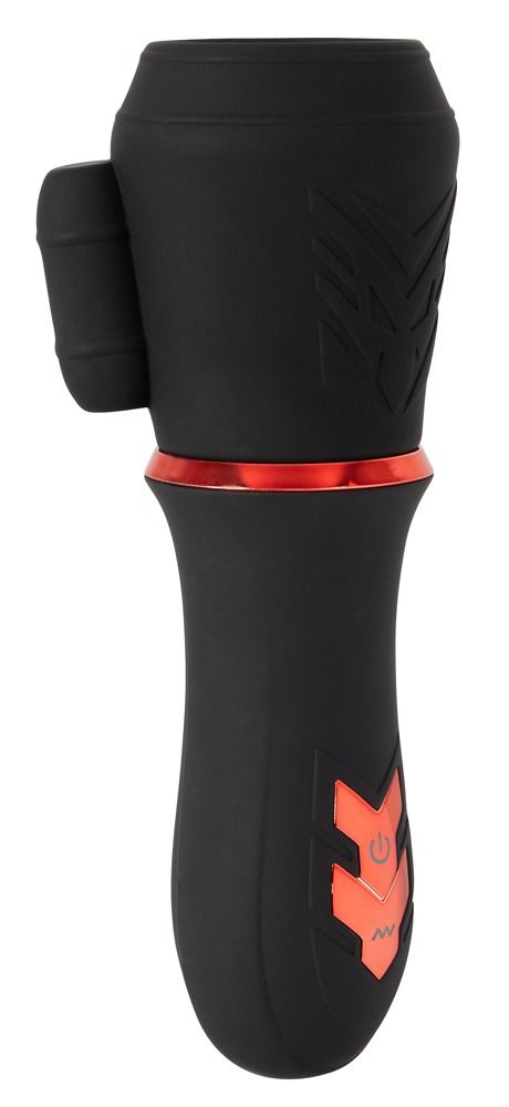 Schwarzer Masturbator mit rotem Akzent. Zwei Motoren. Silikon. Ergonomische Form. Aufrecht stehend.