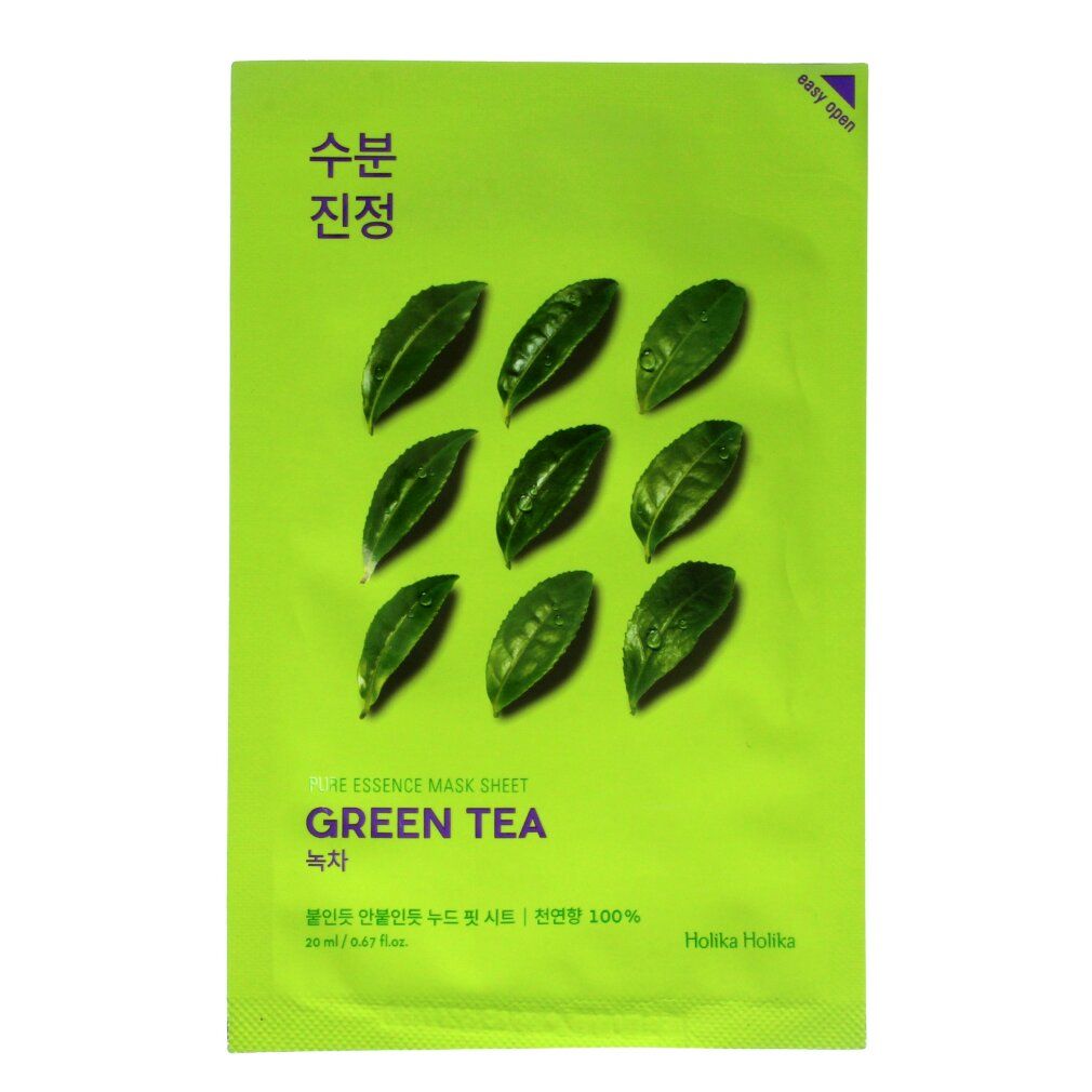 Holika Holika Pure Essence Mask Sheet Green Tea: Grüne Verpackung mit neun Teeblättern und Produktinformationen.