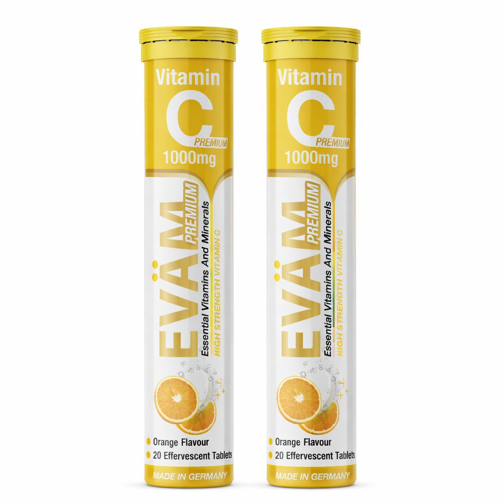 Zwei zylindrische Behälter mit EVÄM Vitamin C 1000mg Brausetabletten. Gelbe Deckel, weiße Röhren mit Produktinformationen und Orangen-Illustrationen.