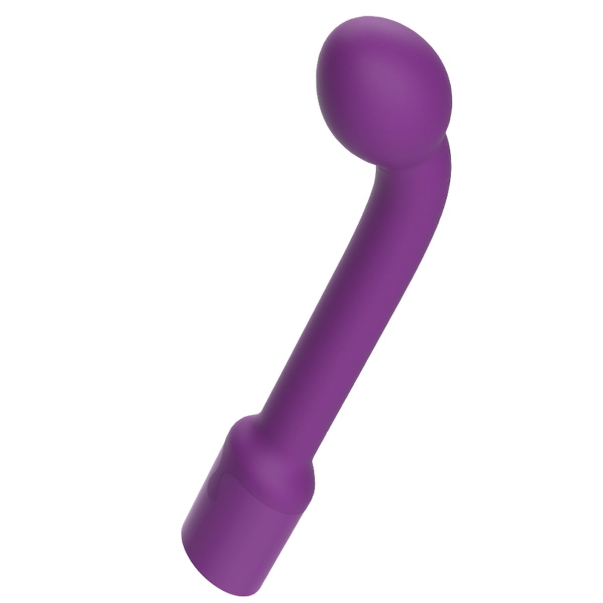 Lila Vibrator mit gebogener Form. Der Vibrator hat eine abgerundete Spitze und einen zylindrischen Griff.