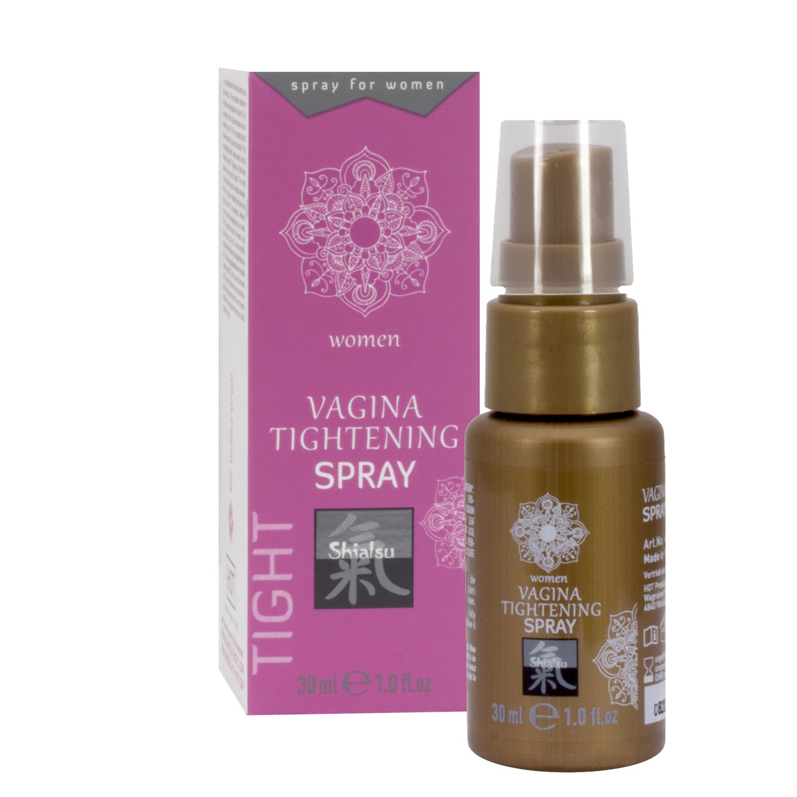 Goldene Sprühflasche und rosa Verpackung. "Vagina Tightening Spray" und "Shiatsu" Logo. 30ml Flasche.