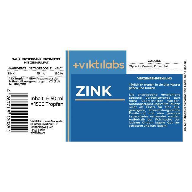 Etikett mit Produktinformationen. Enthält "ZINK", Marke und Zutaten. Text in Deutsch. Flascheninhalt: 50 ml.