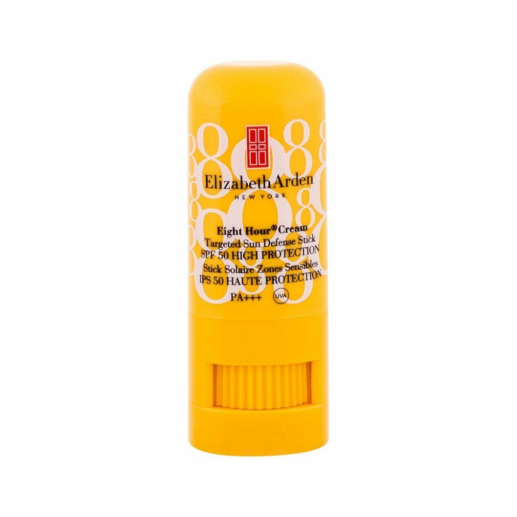 Gelber Sonnencreme-Stick von Elizabeth Arden. Text: Eight Hour Cream Targeted Sun Defense Stick SPF 50. Mit SPF 50.