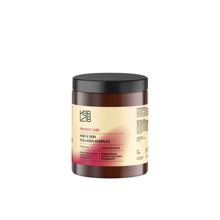 Braune Dose mit schwarzem Deckel. Aufschrift: H3R LAB Hair & Skin Kollagen Komplex. Rosa-weißer Aufkleber.