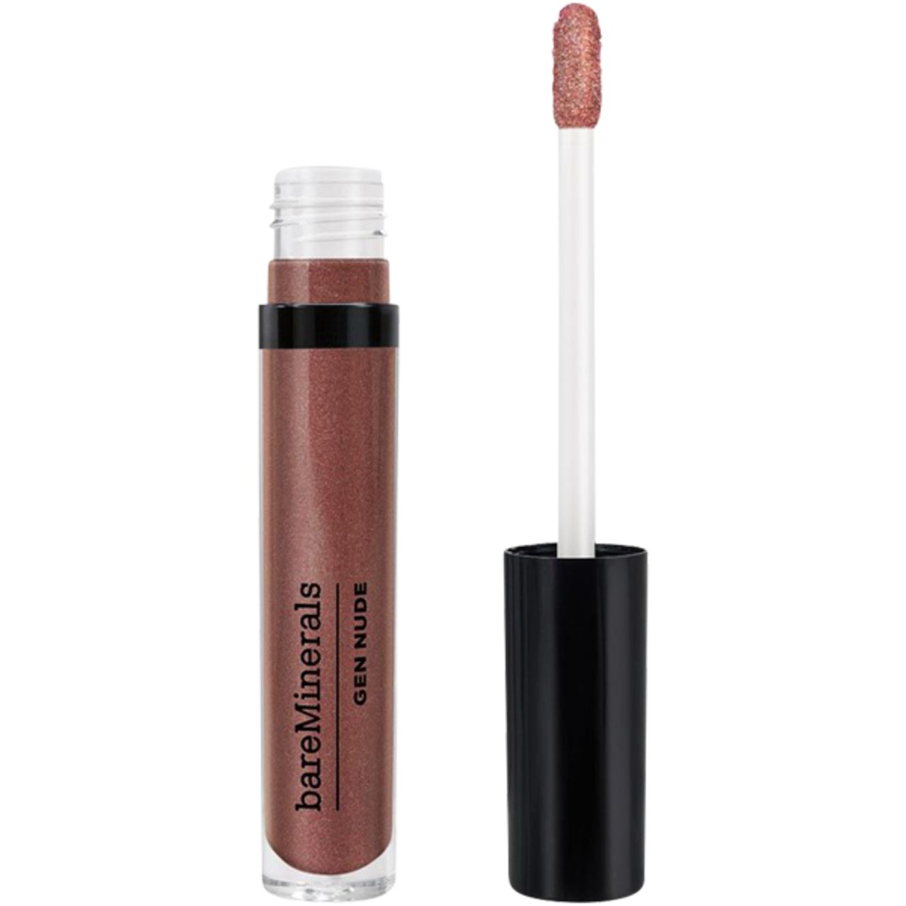 Lippenlack-Fläschchen mit geöffnetem Deckel und Applikator. Auf dem Fläschchen steht "bareMinerals GEN NUDE".