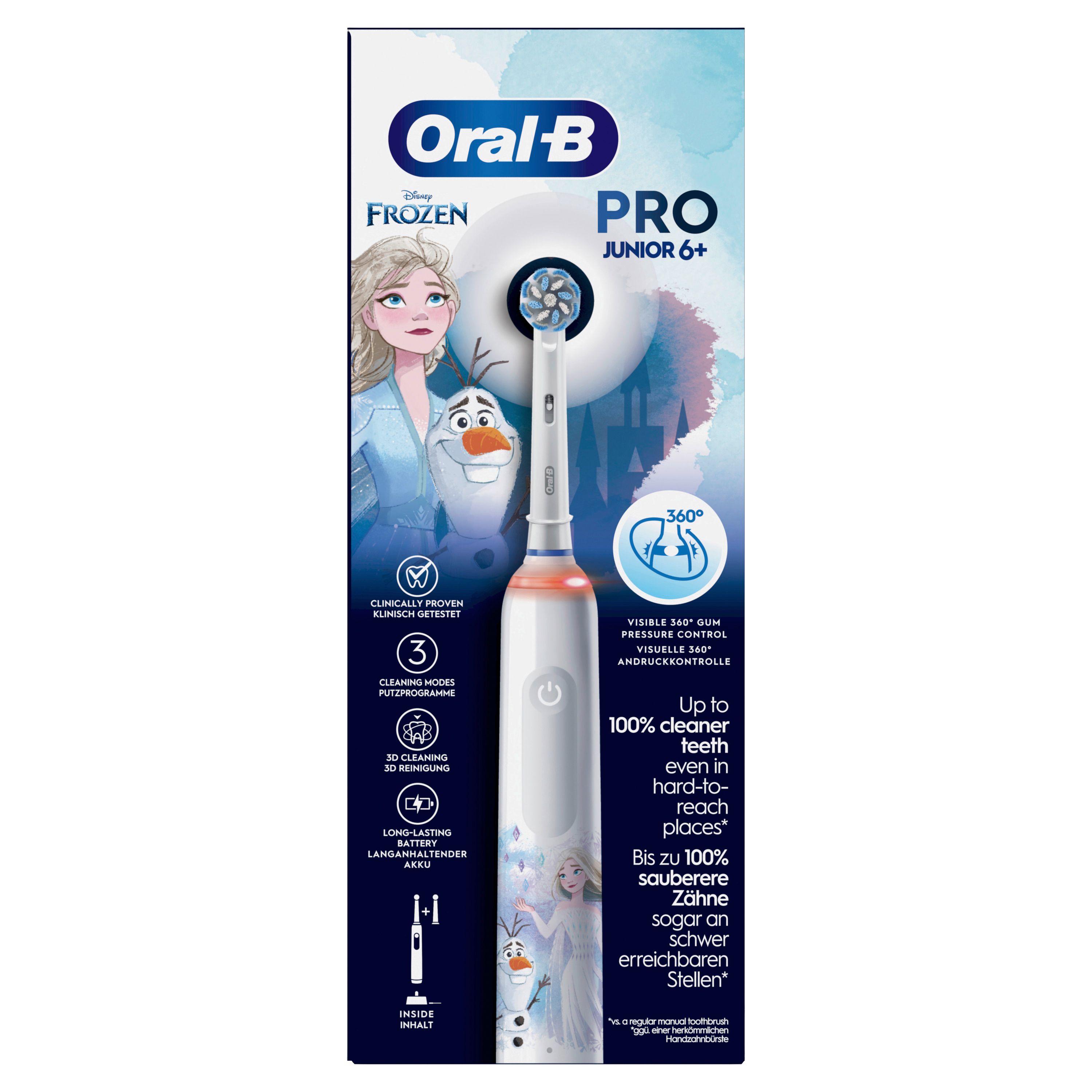 Oral-B Pro Junior 6+ Frozen Kinderzahnbürste. Zahnbürste mit Elsa und Olaf-Design. Verpackung mit Logo.