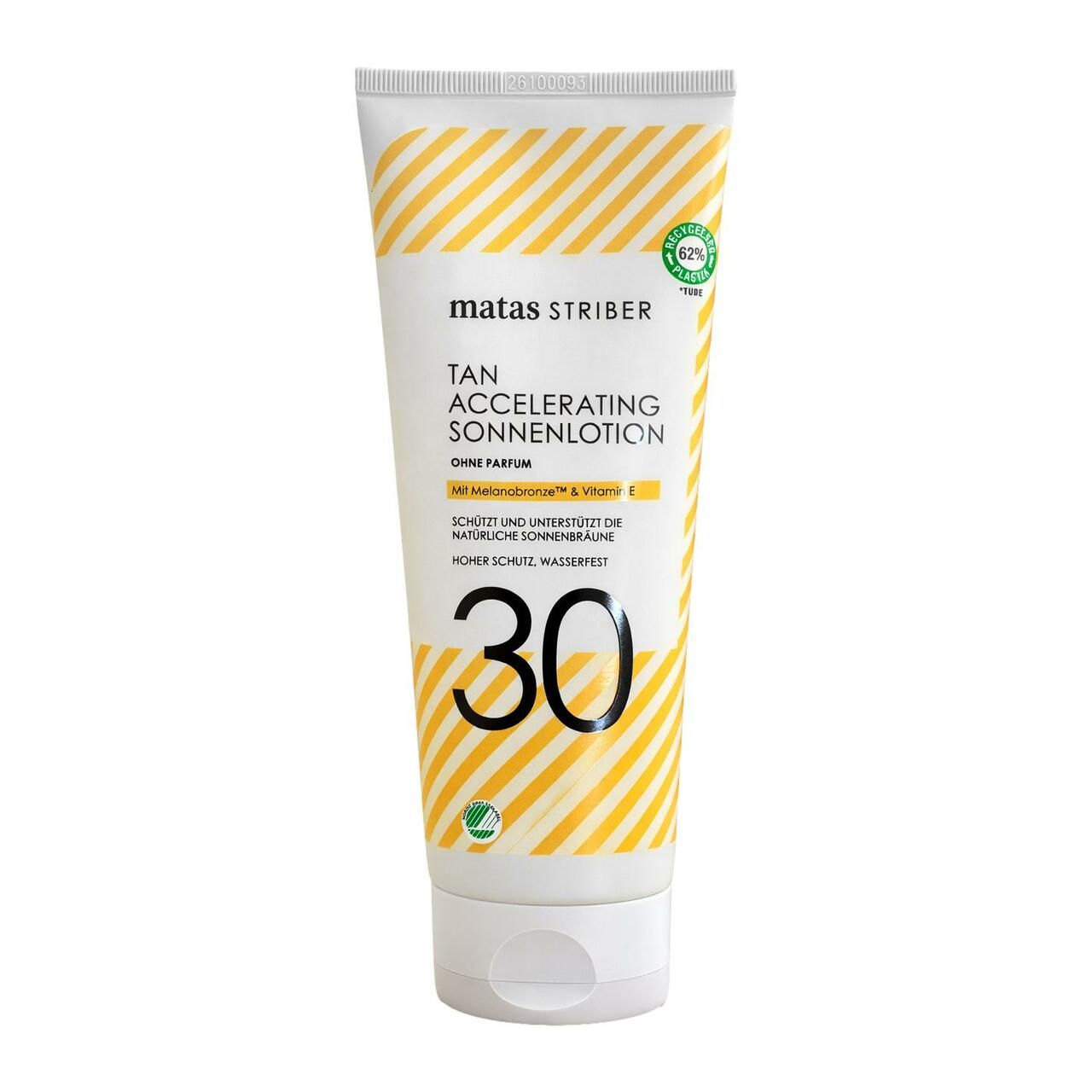 Matas Striber Sonnenlotion mit LSF 30. Gelbe Streifen auf weißer Tube. Enthält Melaninbronze und Vitamin E.