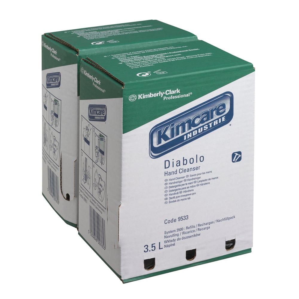 Zwei Kartons KIMCARE INDUSTRIE* DIABOLO Waschlotion. Grüne und weiße Verpackung. Aufschrift: Hand Cleanser, 3.5 L.
