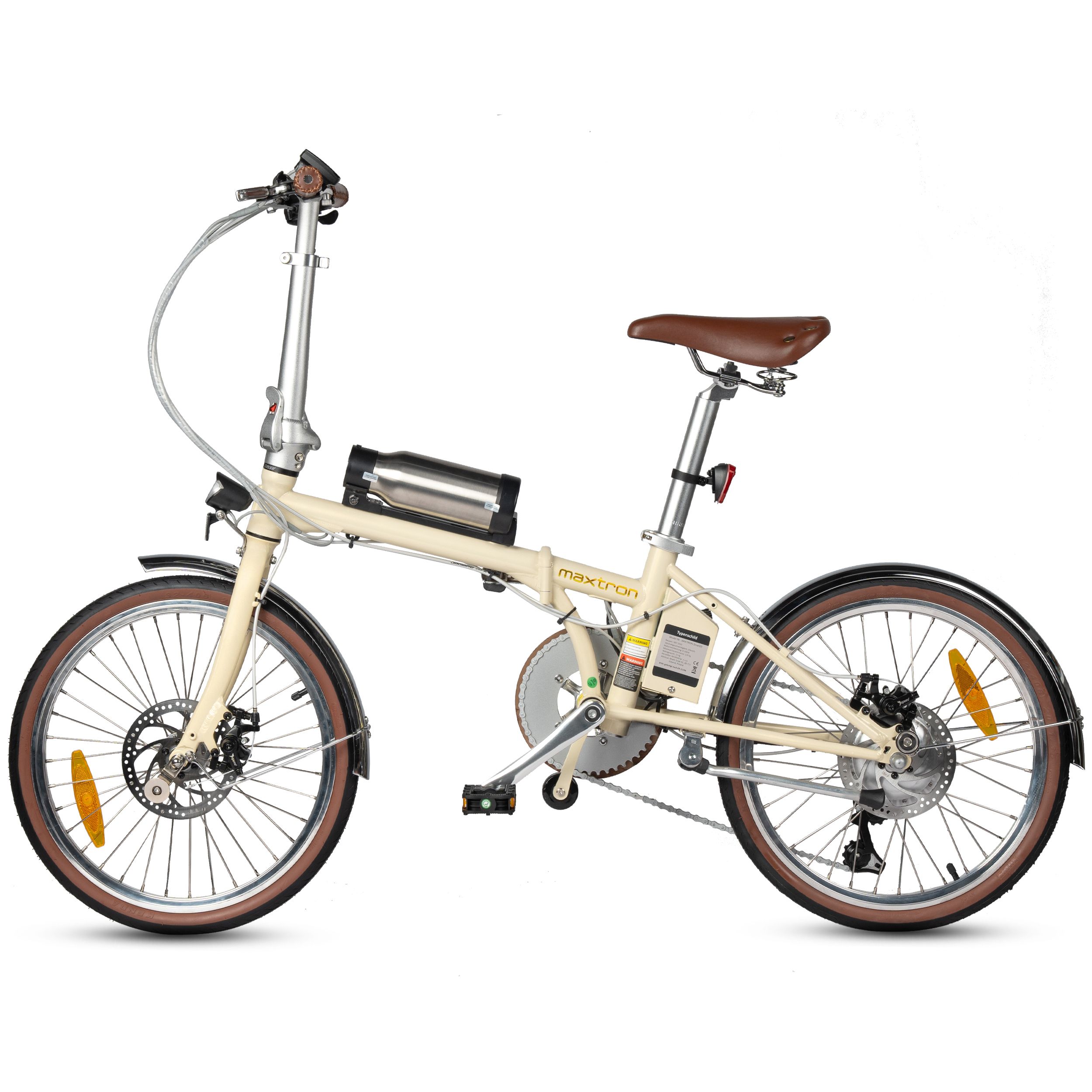 Beige E-Bike mit braunen Reifen und Sattel. Sichtbar: Motor, Akku, Schutzbleche, Bremsen. Aufschrift: Maxtron.