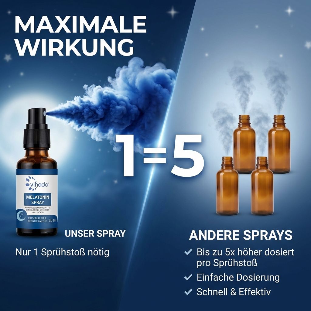 Vihado Melatonin Spray: 1 Sprühstoß für maximale Wirkung im Vergleich zu 5 anderen Sprays. Direkte Aufnahme, einfache Dosierung.