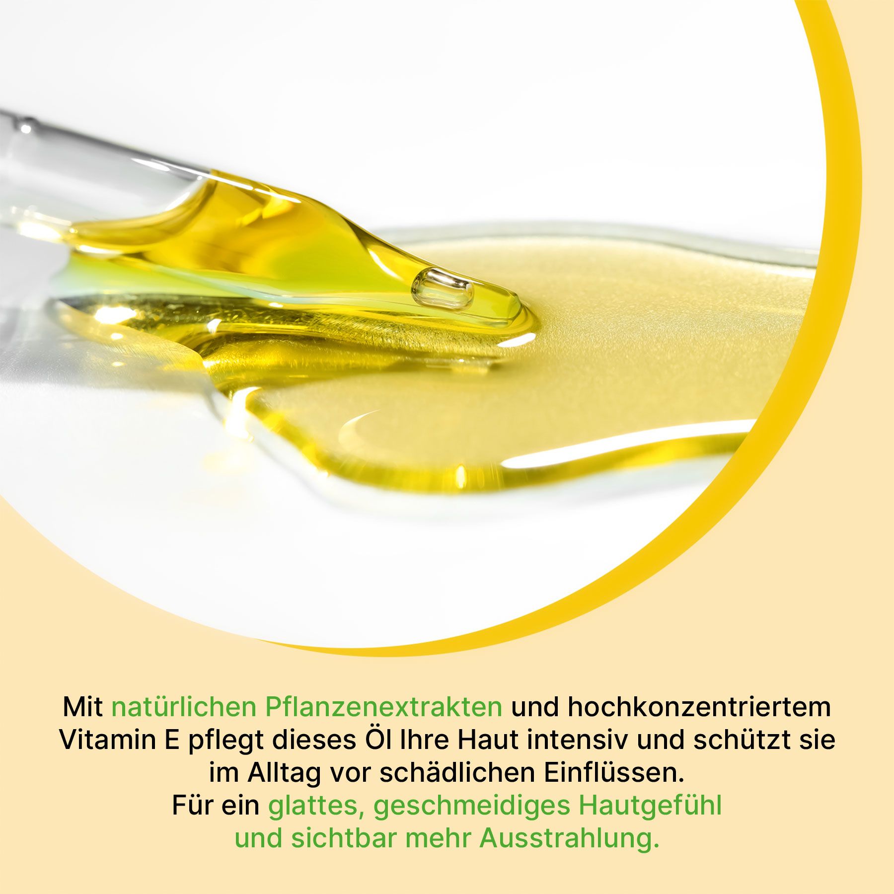 Ein Glaspipettenaufsatz tropft goldenes Öl auf eine weiße Oberfläche.