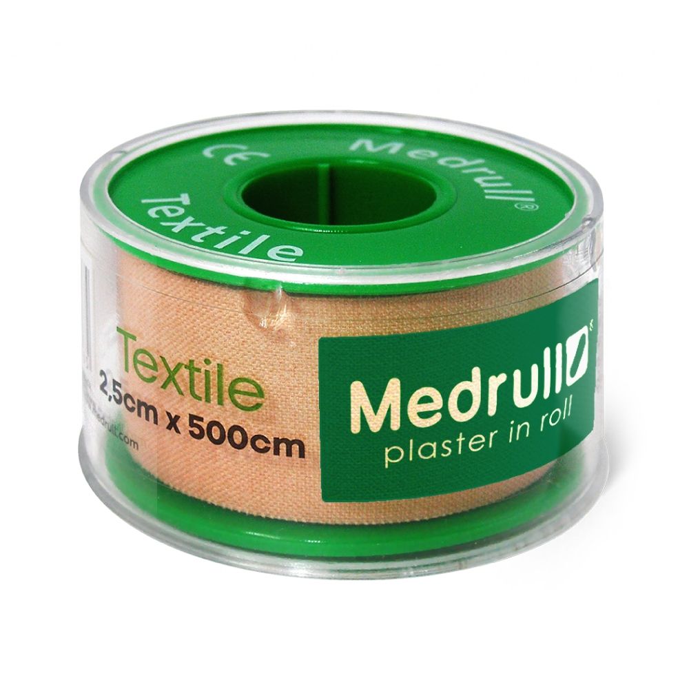 Medrull Textile Pflasterrolle, 2,5cm x 500cm, in durchsichtiger Hülle mit grüner Kappe.