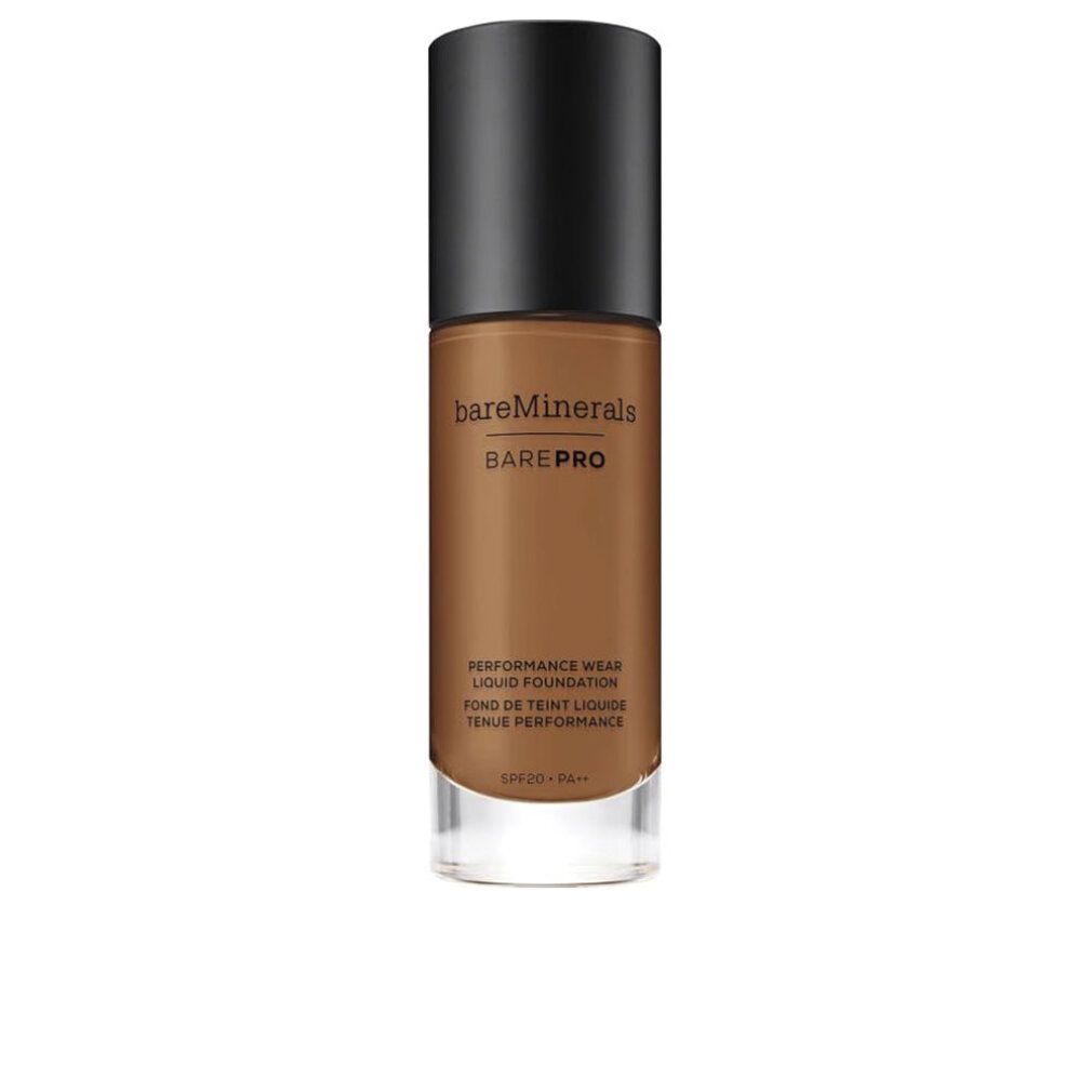 Flüssiggrundierung mit schwarzem Deckel. Aufschrift: bareMinerals BAREPRO. Text: PERFORMANCE WEAR LIQUID FOUNDATION. SPF20.