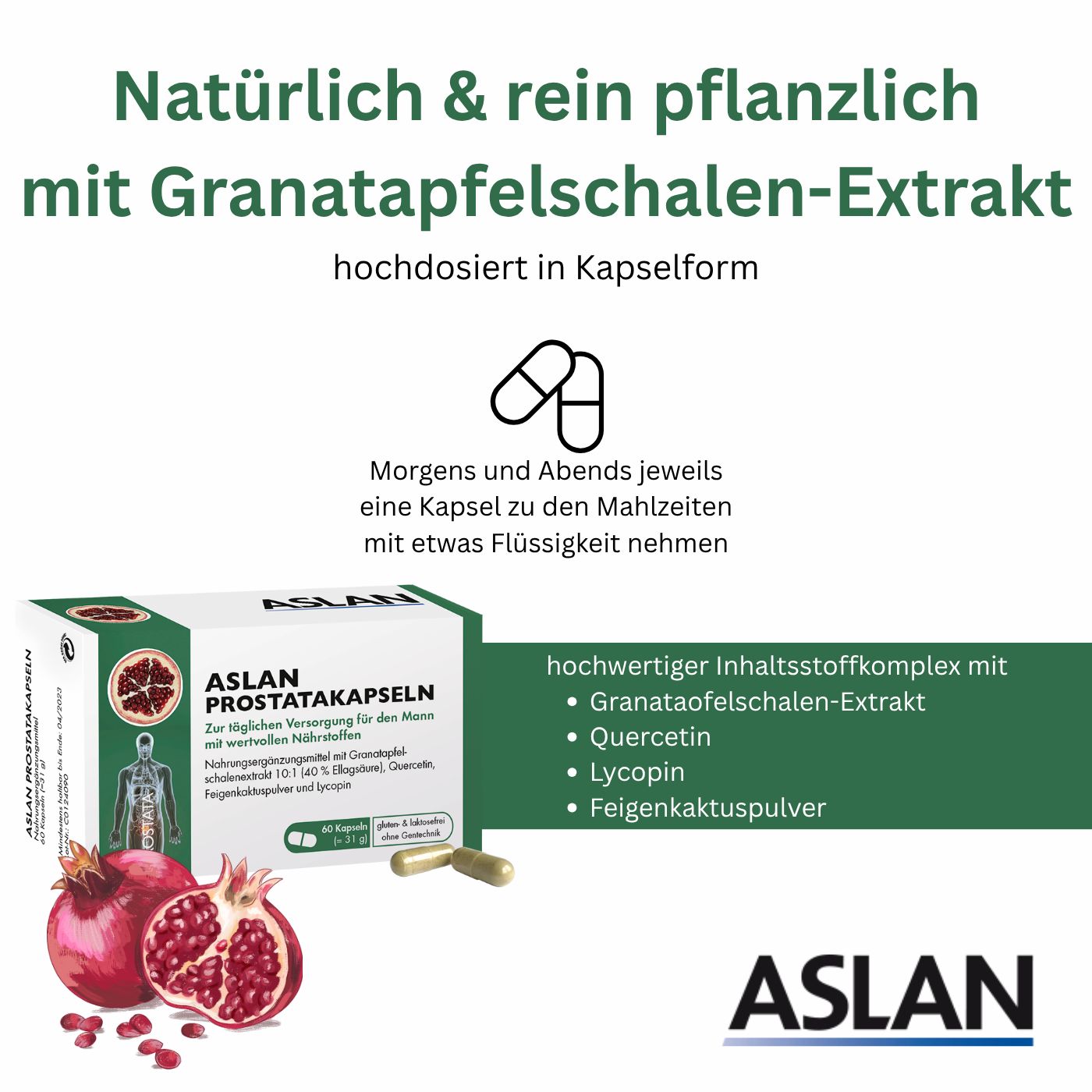ASLAN Prostata-Kapseln Packung mit Granatapfel, 60 Kapseln, hochdosiert, pflanzlich.