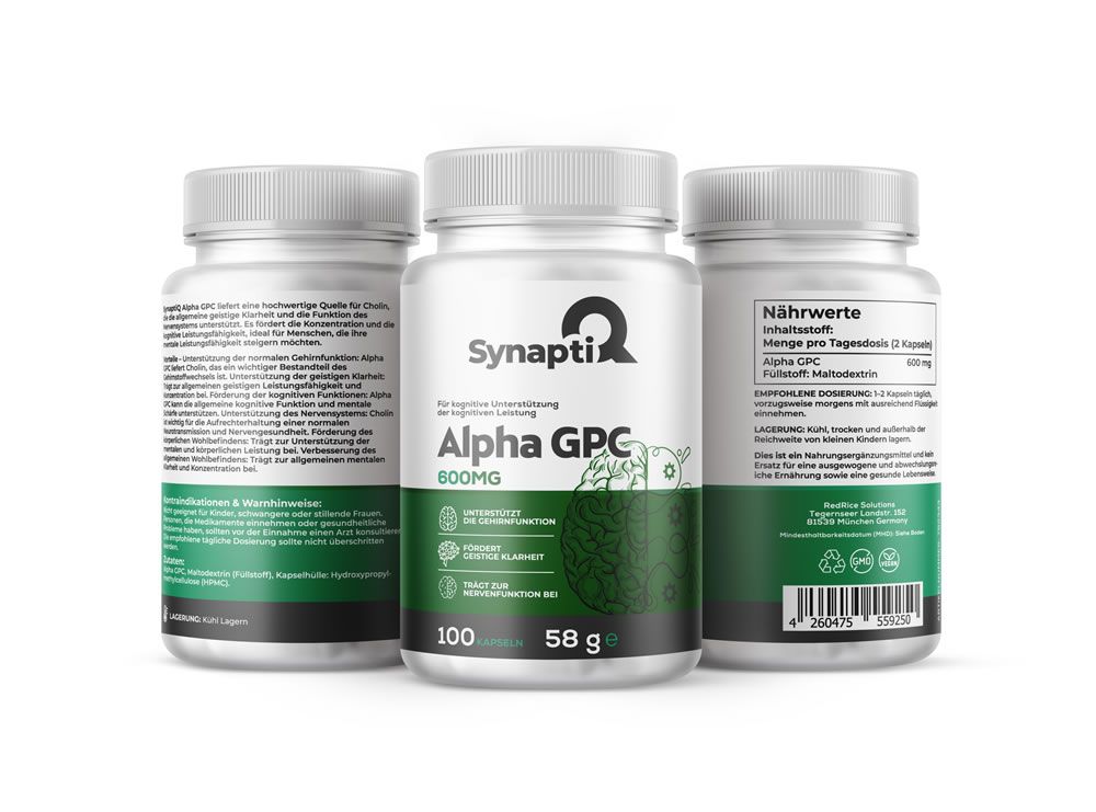 Drei Flaschen SynaptiQ® Alpha GPC. Weiße Flaschen mit grünem Etikett. Enthält 100 Kapseln. Aufschrift: 600MG.