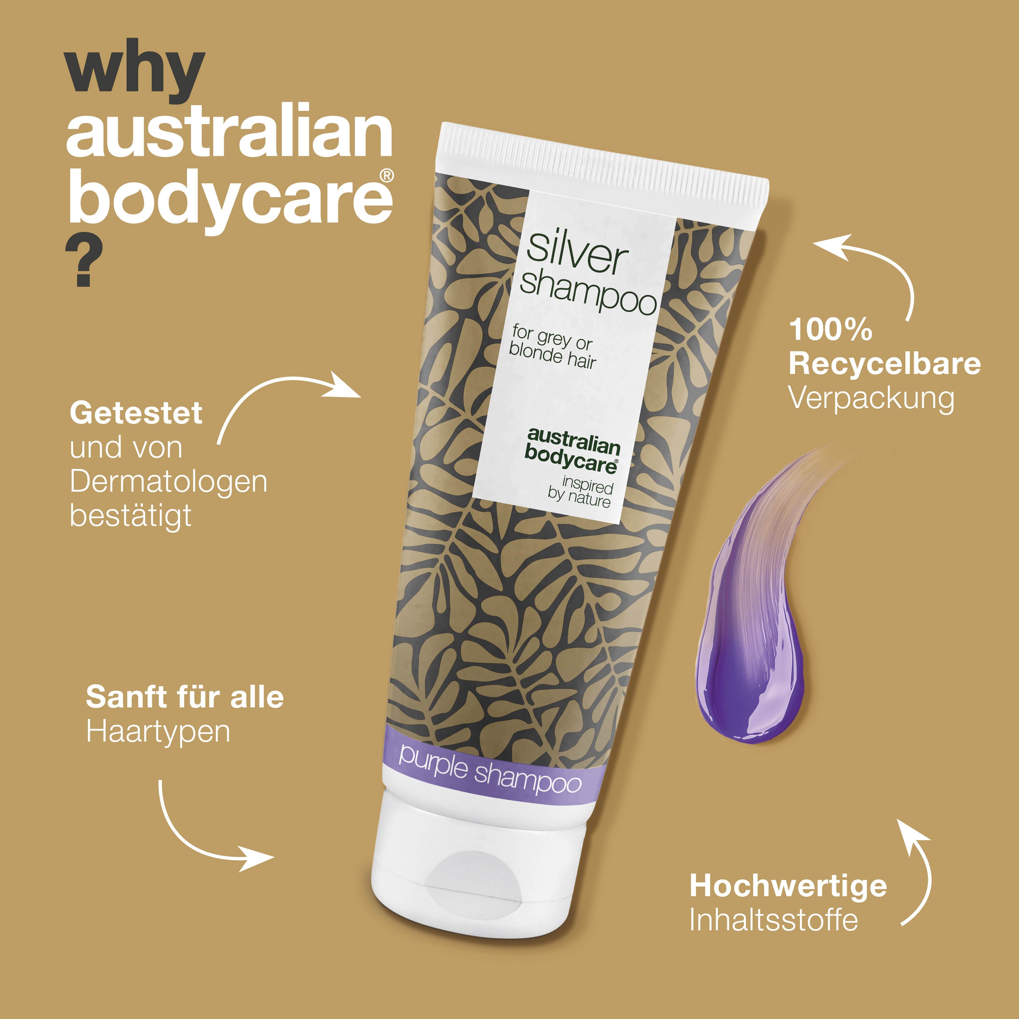 Text: Warum Australian Bodycare? Tube Silver Shampoo, lila Farbklecks. Text: Getestet, dermatologisch bestätigt, sanft.