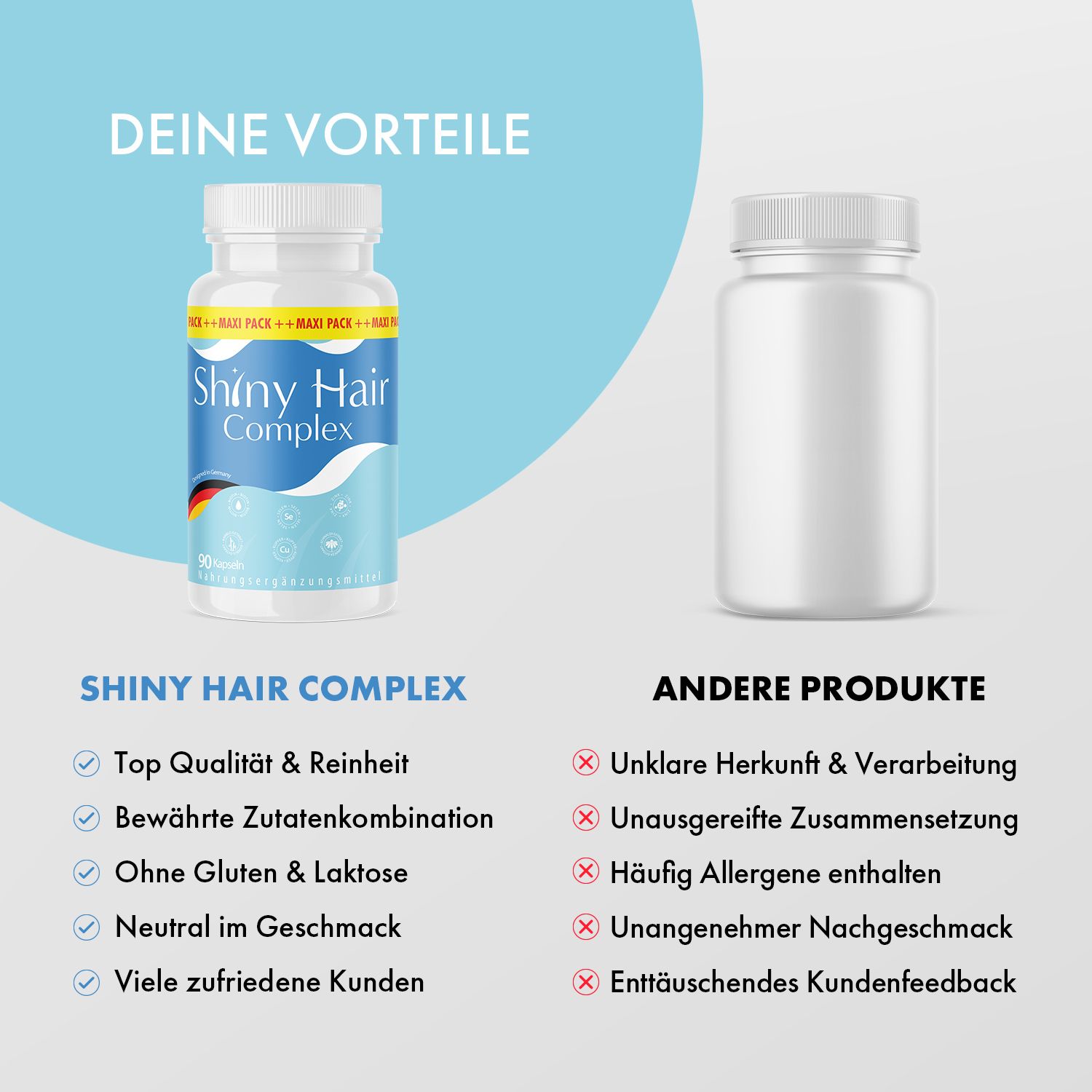 Vergleich von Shiny Hair Complex mit anderen Produkten. Kapsel-Flasche und leere Flasche. Textboxen mit Vor- und Nachteilen.