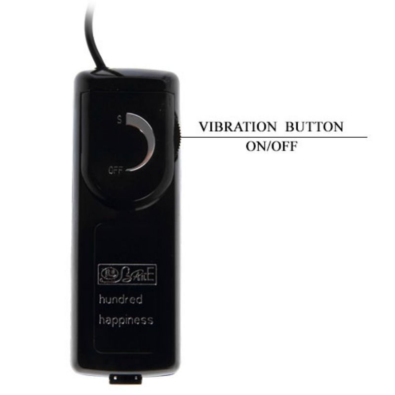 Schwarzes Vibrationsmodul mit Ein/Aus-Schalter. Text: Vibration ON/OFF. Marke: BARE hundred happiness.