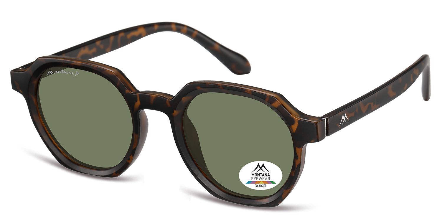 Sonnenbrille mit braunem Rahmen und grünen Gläsern. Das Montana Eyewear Logo ist auf dem Bügel sichtbar.