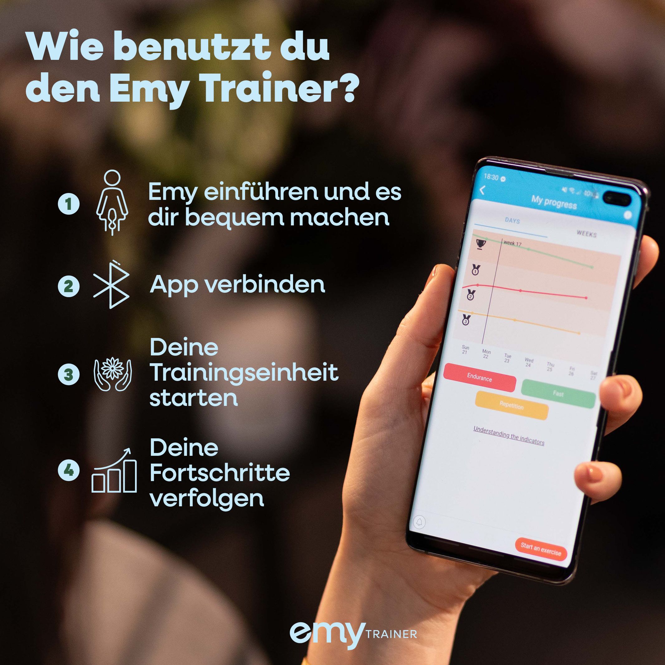 Smartphone mit App-Oberfläche. Text: "Wie benutzt du den Emy Trainer?" und nummerierte Schritte zur Anwendung.