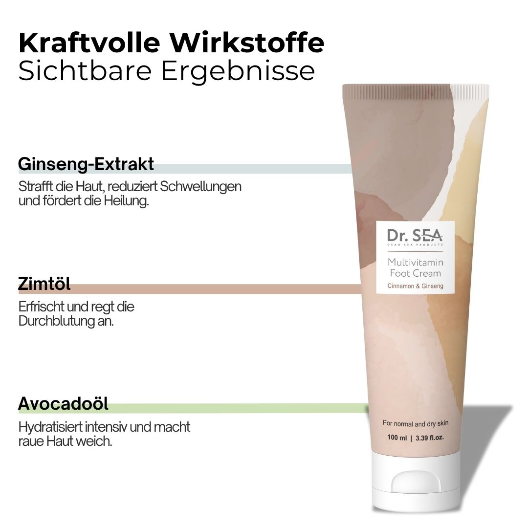 Tube Fußcreme, Dr. Sea, Multivitamin, Zimt & Ginseng. Text über Inhaltsstoffe: Ginseng, Zimtöl, Avocadoöl.