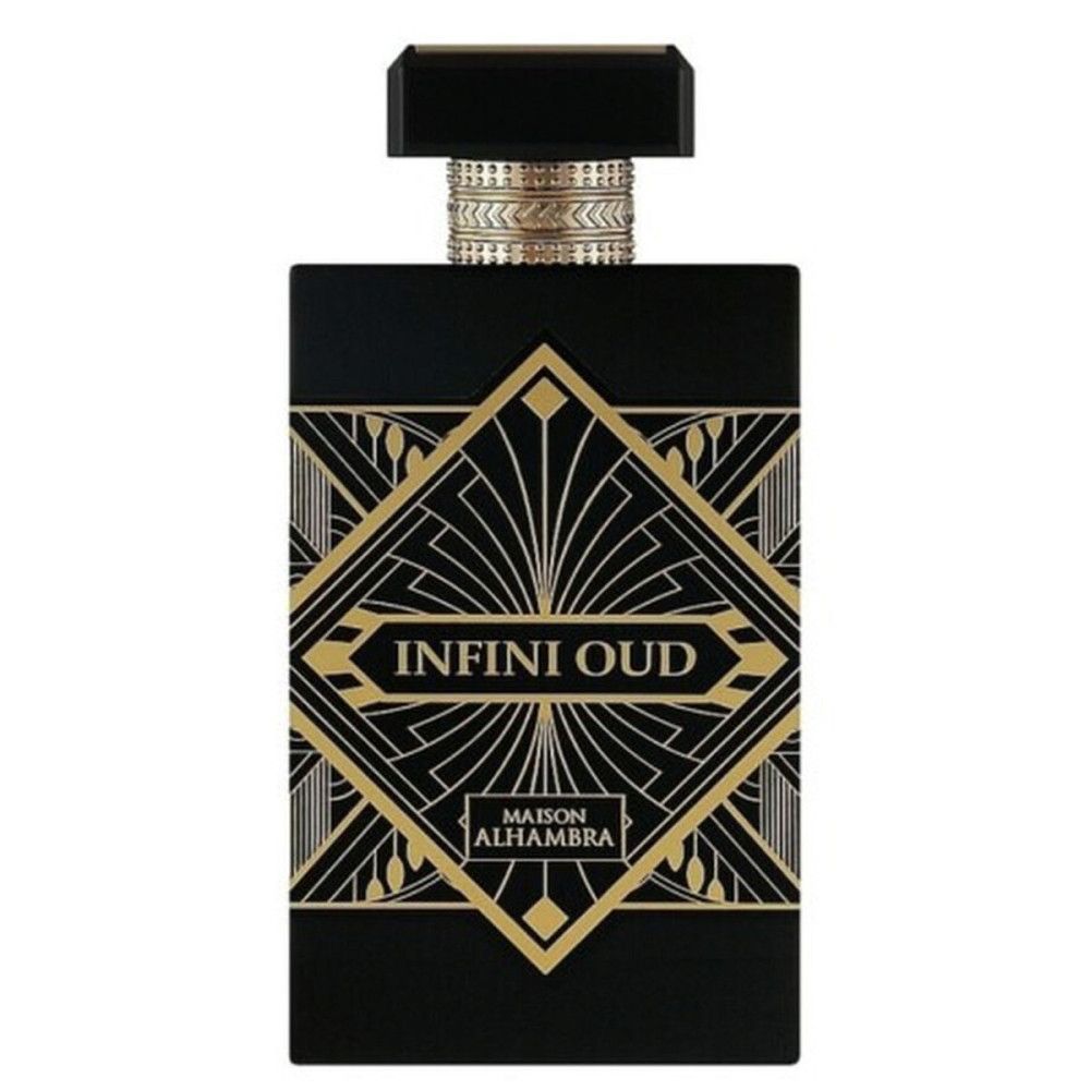 Schwarze Parfumflasche mit goldenen Details. Aufschrift "INFINI OUD" und "MAISON ALHAMBRA".