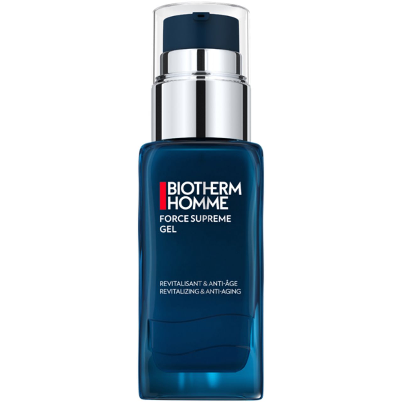Blaues Gel-Flakon mit silberner Pumpe. Aufschrift: BIOTHERM HOMME FORCE SUPREME GEL. Revitalisierend & Anti-Aging.