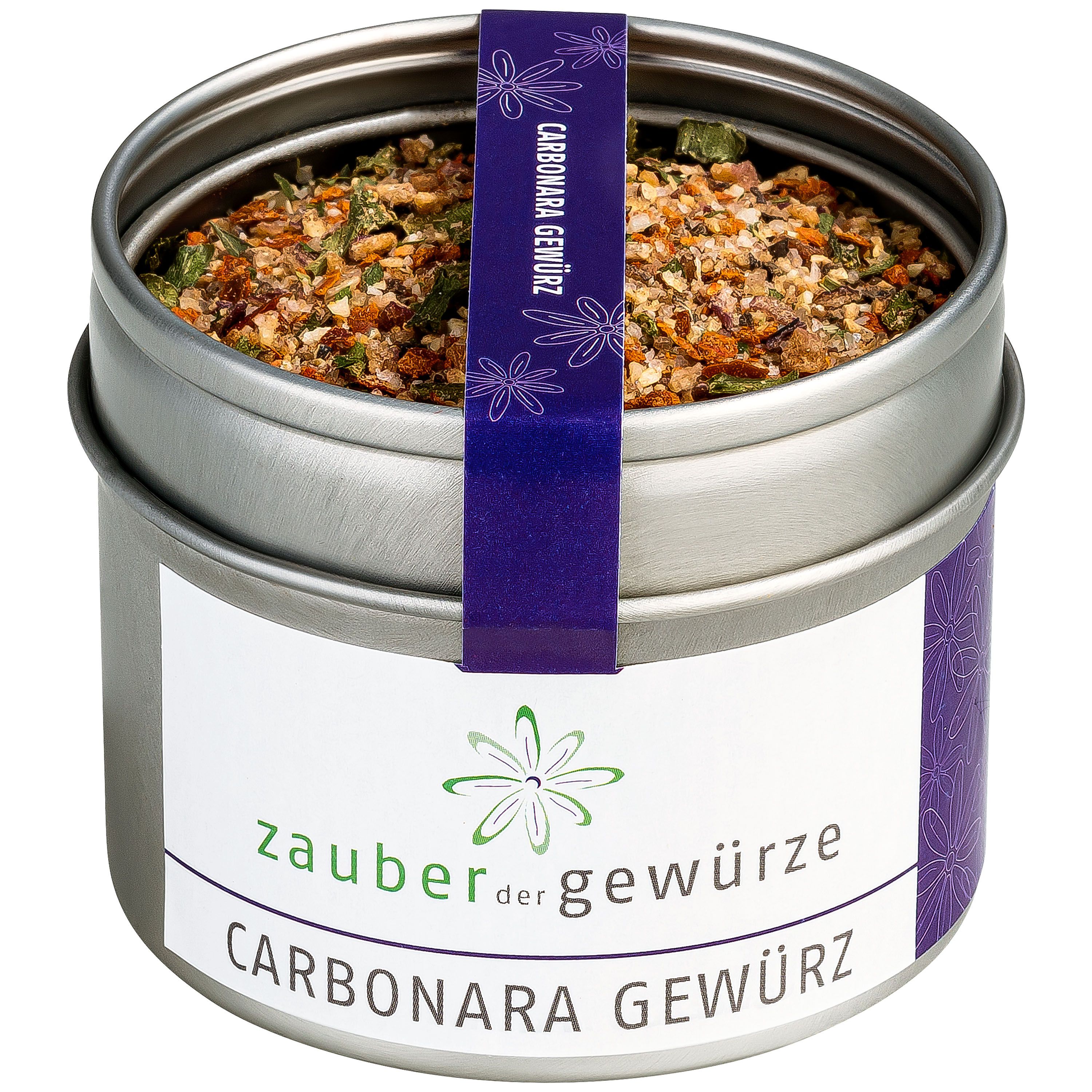 Gewürzdose mit Aufschrift 'Zauber der Gewürze Carbonara Gewürz'. Dose aus Metall, blaues Band mit Schriftzug.