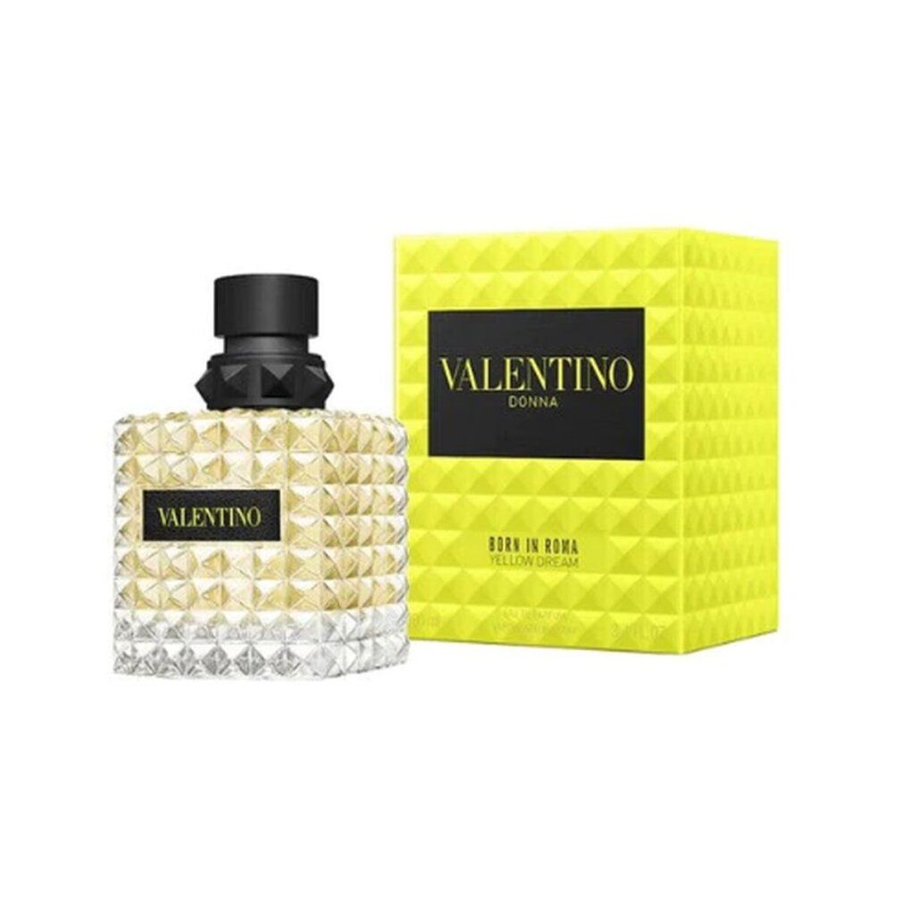 Gelbe Schachtel und Flakon. Flakon mit schwarzem Verschluss und quadratischem Design. Aufschrift: VALENTINO DONNA BORN IN ROMA YELLOW DREAM.