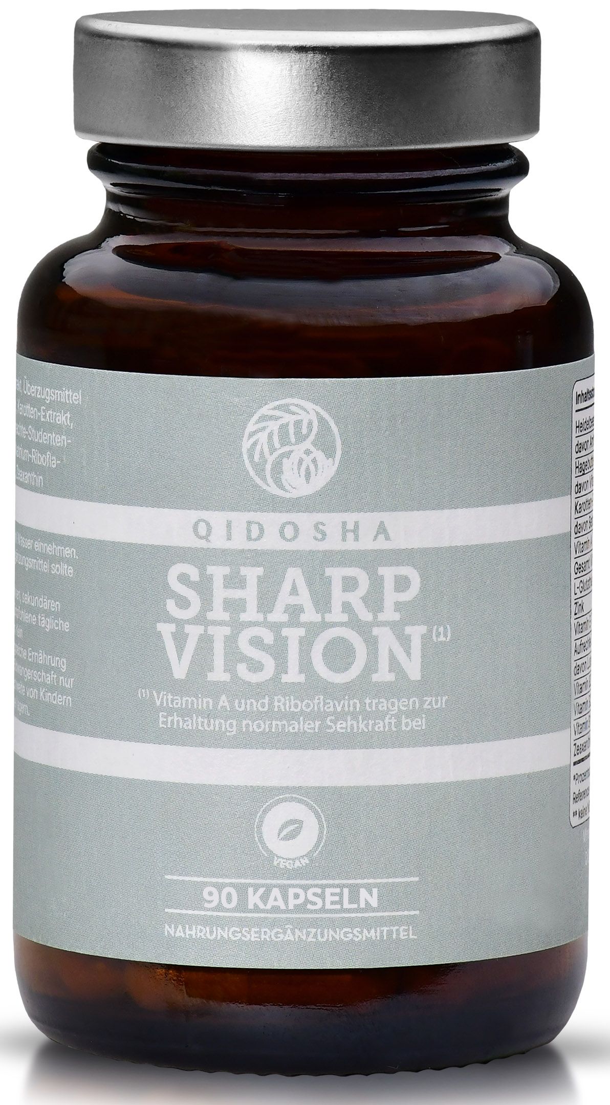 Braune Glasflasche mit silbernem Deckel. Etikett mit Produktname, 90 Kapseln. Vegan-Zertifizierung. Nahrungsergänzungsmittel.
