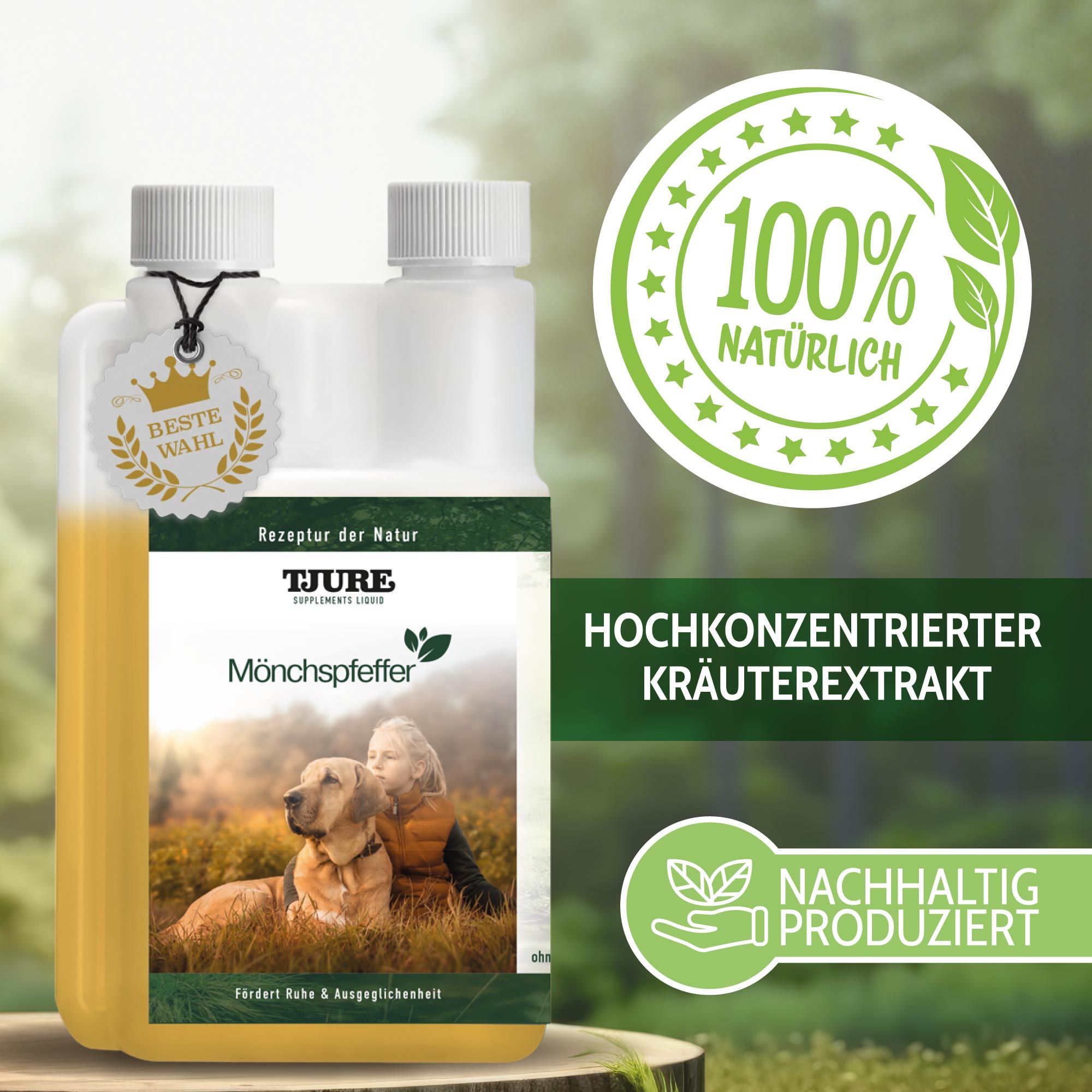 Doppelflasche mit gelber Flüssigkeit. Produktname und Logo. 100% natürlich. Text: Hochkonzentrierter Kräuterextrakt. Nachhaltig produziert. Beste Wahl.