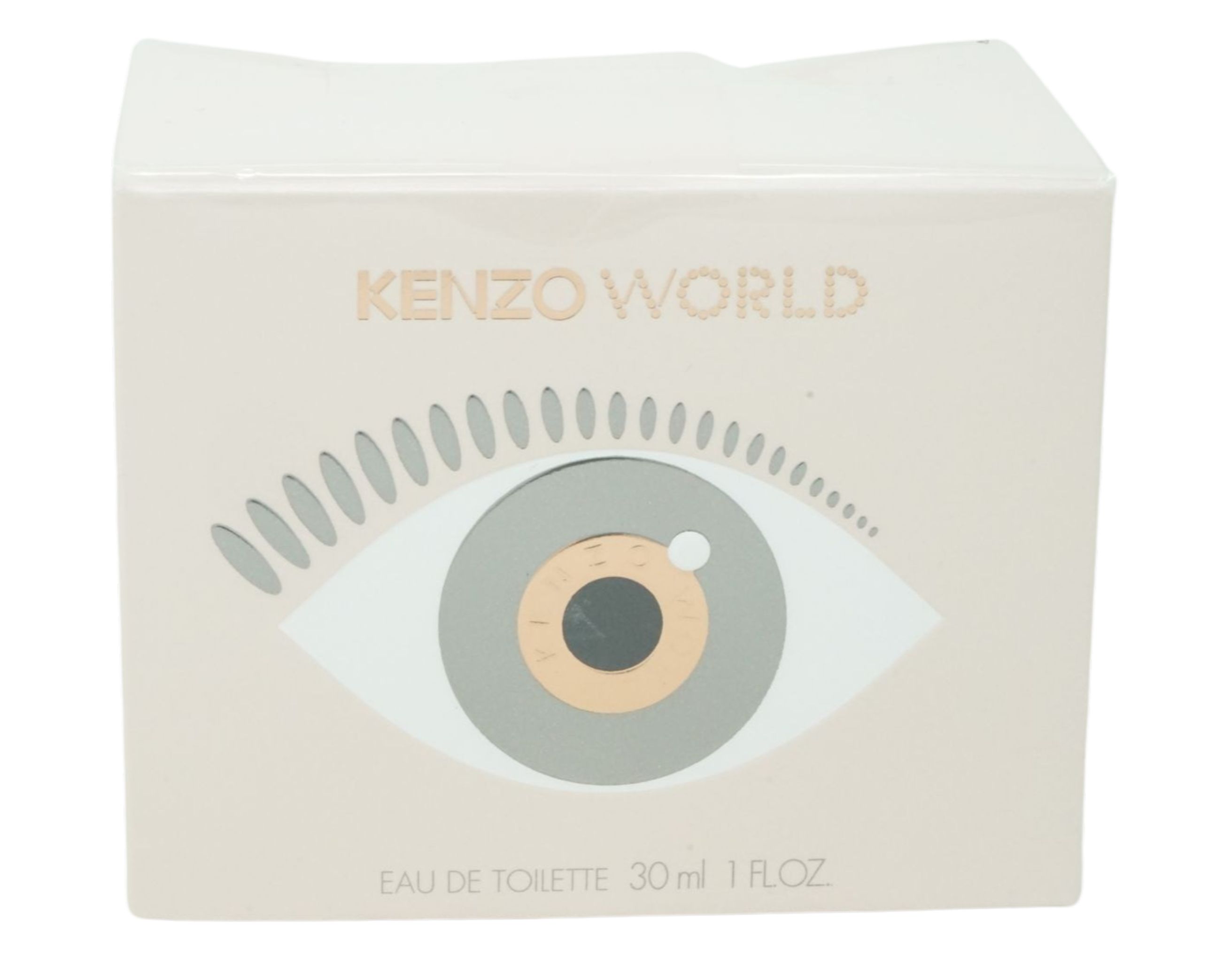 Kenzo World Eau de Toilette. Rechteckige Verpackung mit Augenmotiv und Schriftzug. Aufschrift: Eau de Toilette, 30 ml, 1 FL.OZ.