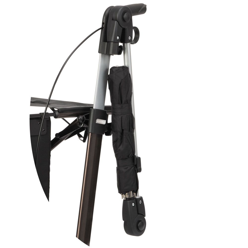 Gefalteter Rollator mit Sitzfläche und Griffen, schwarz und silberfarben.