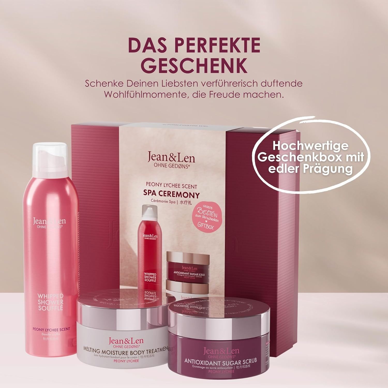 Geschenkbox mit Spa-Zeremonie-Produkten von Jean & Len. Enthält Whipped Shower Soufflé, Melting Moisture Body Treatment, Antioxidant Sugar Scrub und weitere.