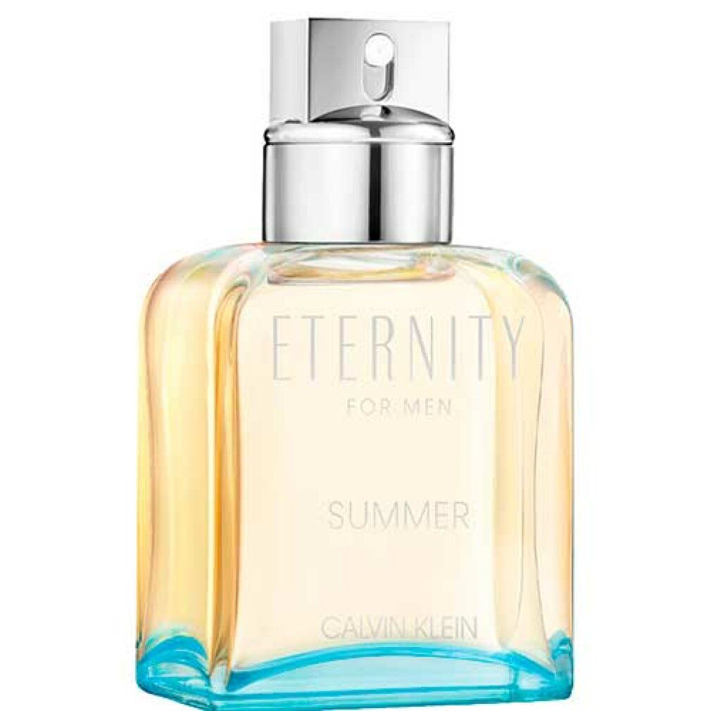 Eternity for Men Summer Flakon. Quadratischer Flakon mit silbernem Sprühkopf und blauer Basis. Text: Eternity, Summer, Calvin Klein.