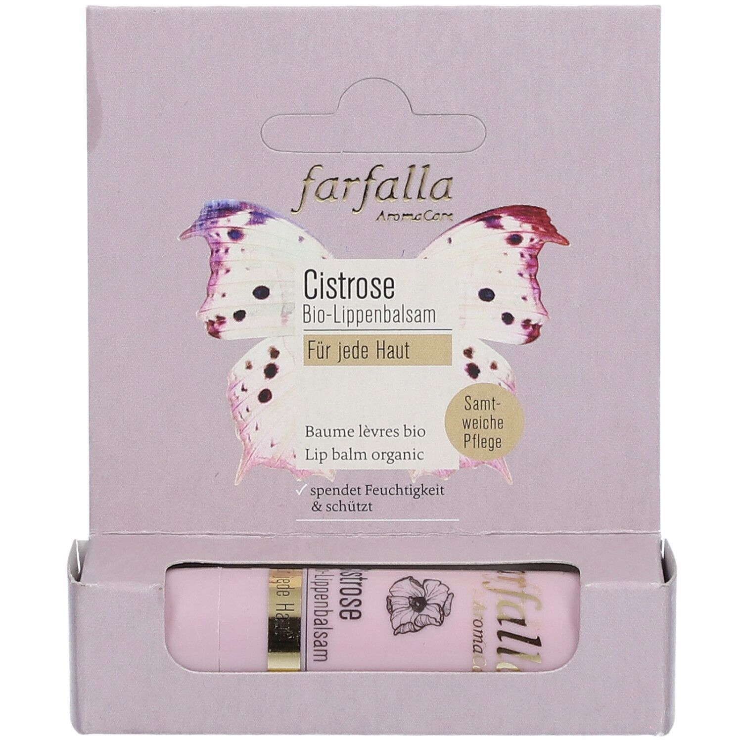 Farfalla Cistrose Bio-Lippenbalsam in rosa Verpackung mit Schmetterlingsmotiv.