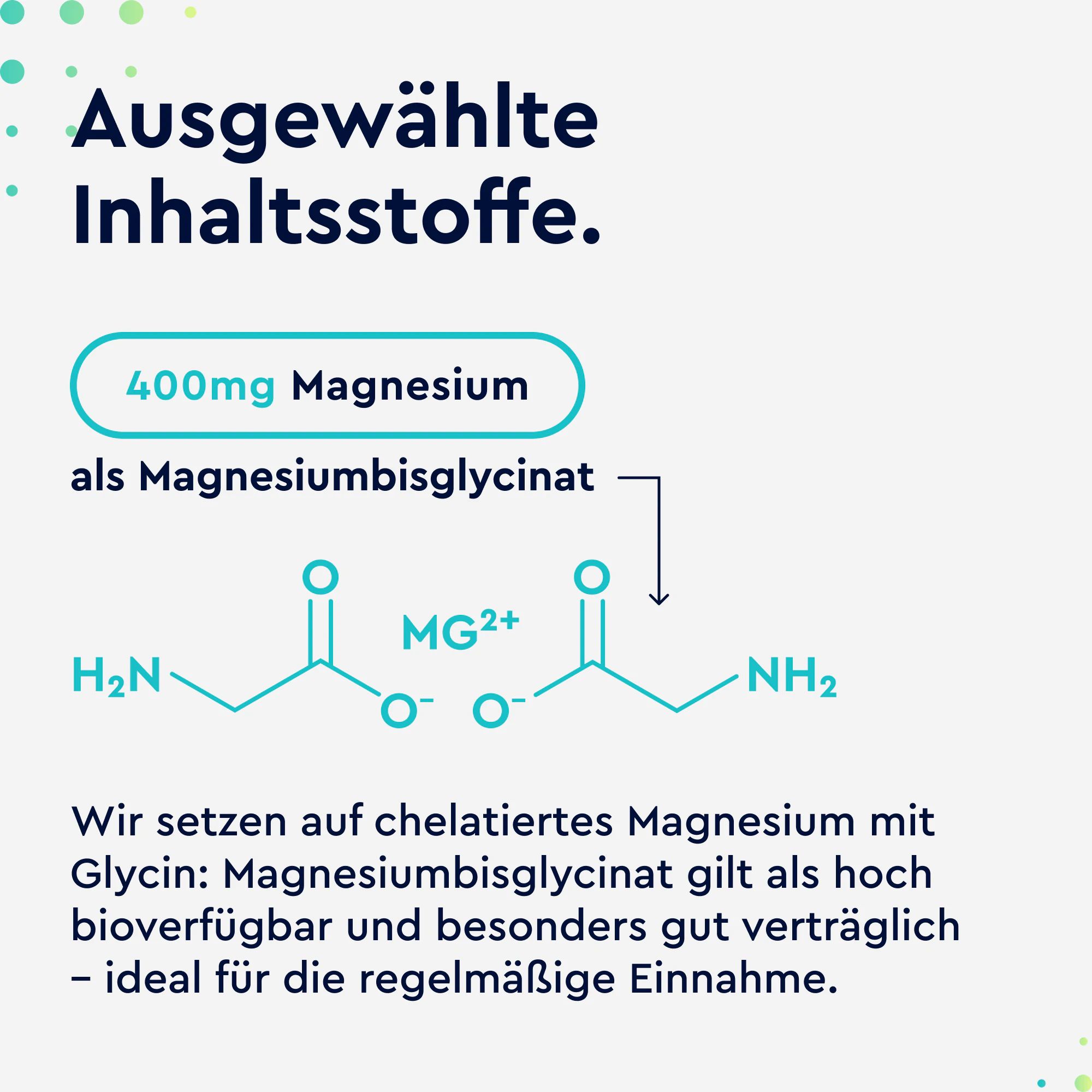 Chemische Strukturformel von Magnesiumbisglycinat. Text: 400mg Magnesium als Magnesiumbisglycinat. Text über chelatisiertes Magnesium.