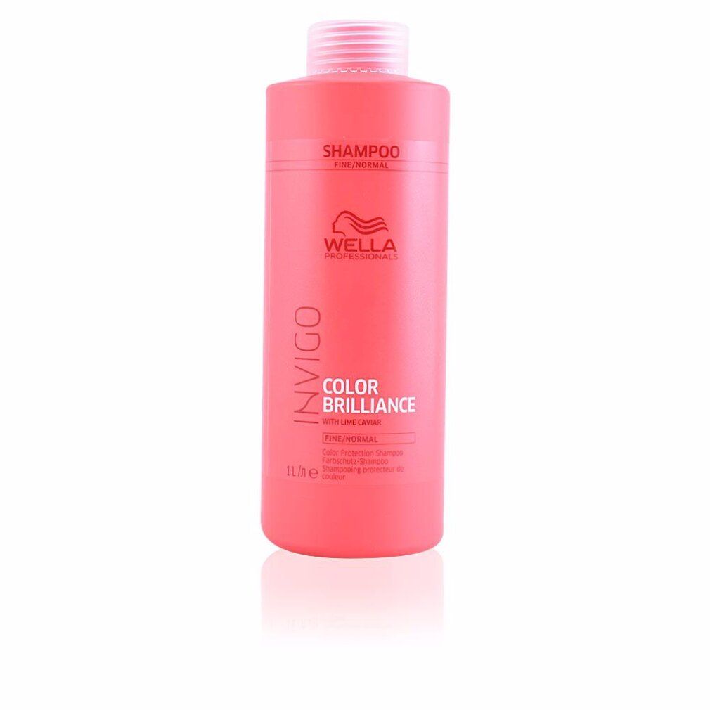 Rote Shampoo-Flasche mit weißem Deckel. Aufschrift: Invigo Color Brilliance, Wella Professionals. 1 Liter.