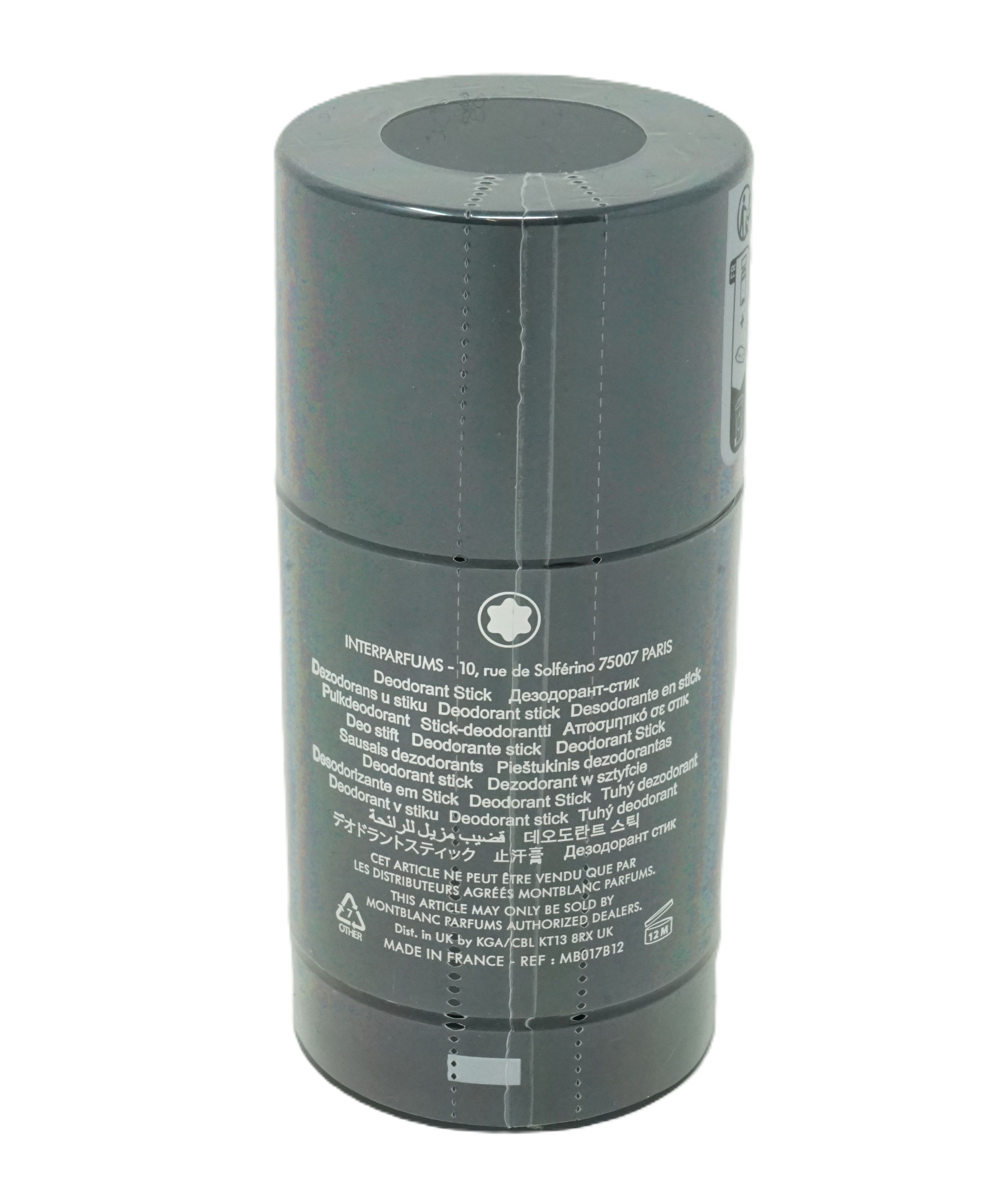 Deo-Stick in Verpackung. Zylindrische Form, dunkelgrau. Aufschrift: Montblanc, Deodorant Stick. Klarsichtfolie.