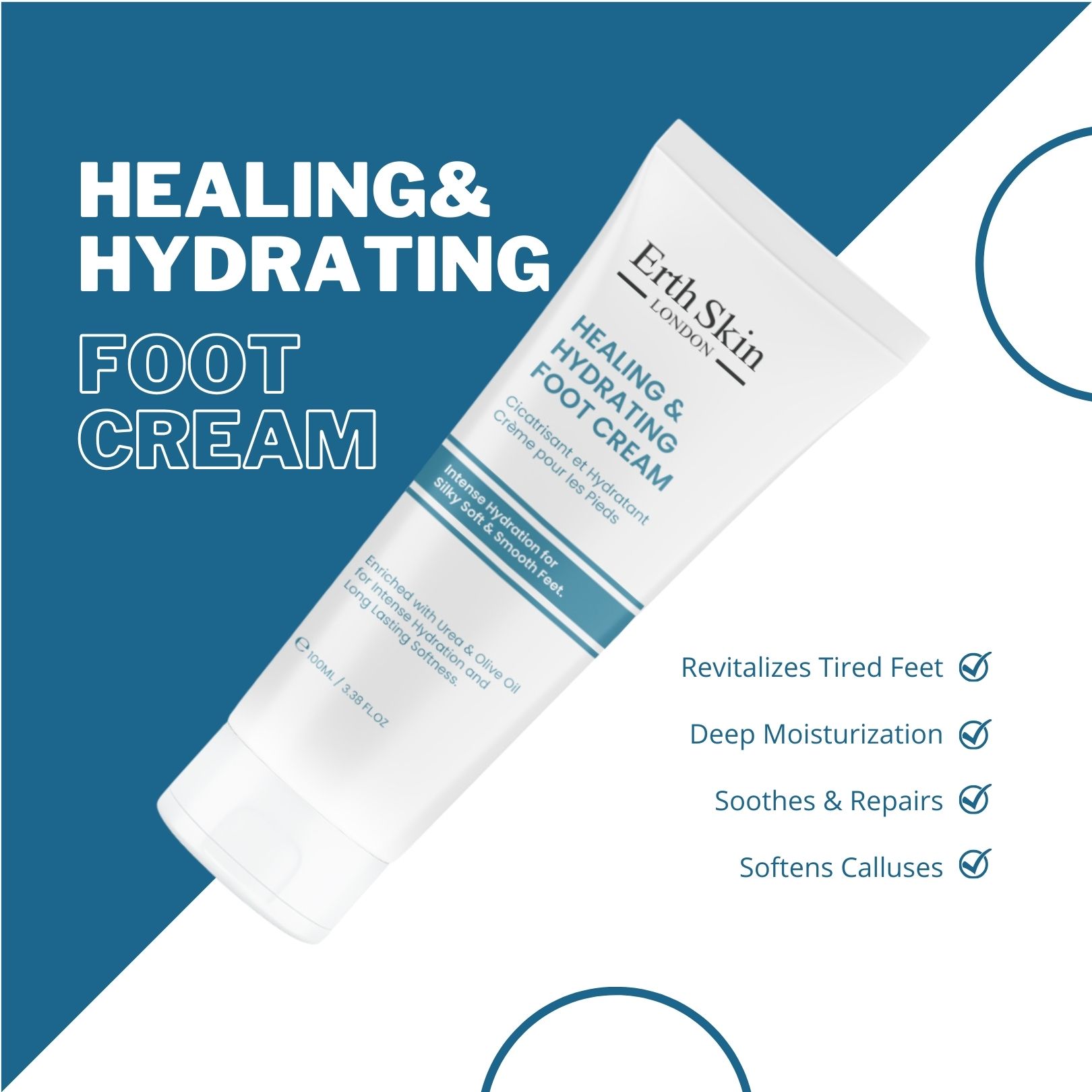 Erth Skin London Fußcreme-Tube, schräg. Text: Healing & Hydrating Foot Cream. Blaue Grafik. Aufschrift: Revitalizes Tired Feet, Deep Moisturization.
